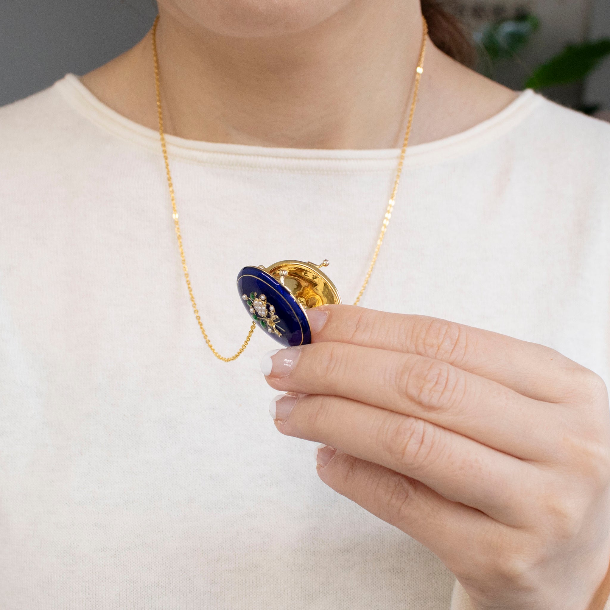 エナメル/パール シルバーネックレス(淡水真珠/ロケット/ロング/60cm)《25V03803》