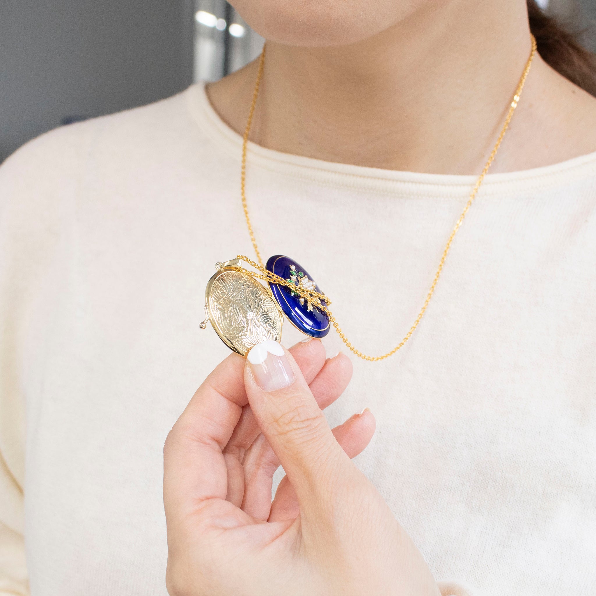 エナメル/パール シルバーネックレス(淡水真珠/ロケット/ロング/60cm)《25V03803》