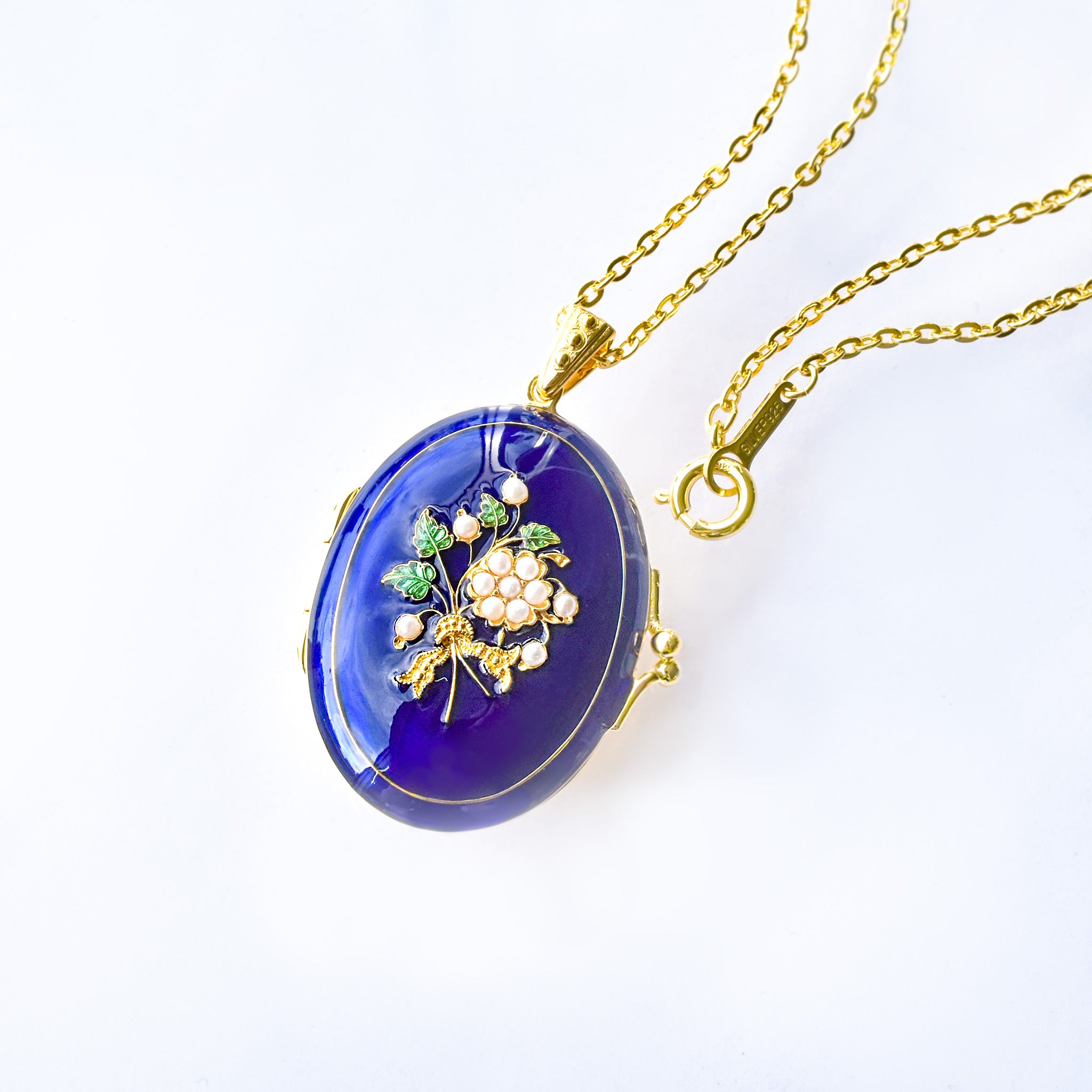 エナメル/パール シルバーネックレス(淡水真珠/ロケット/ロング/60cm)《25V03803》