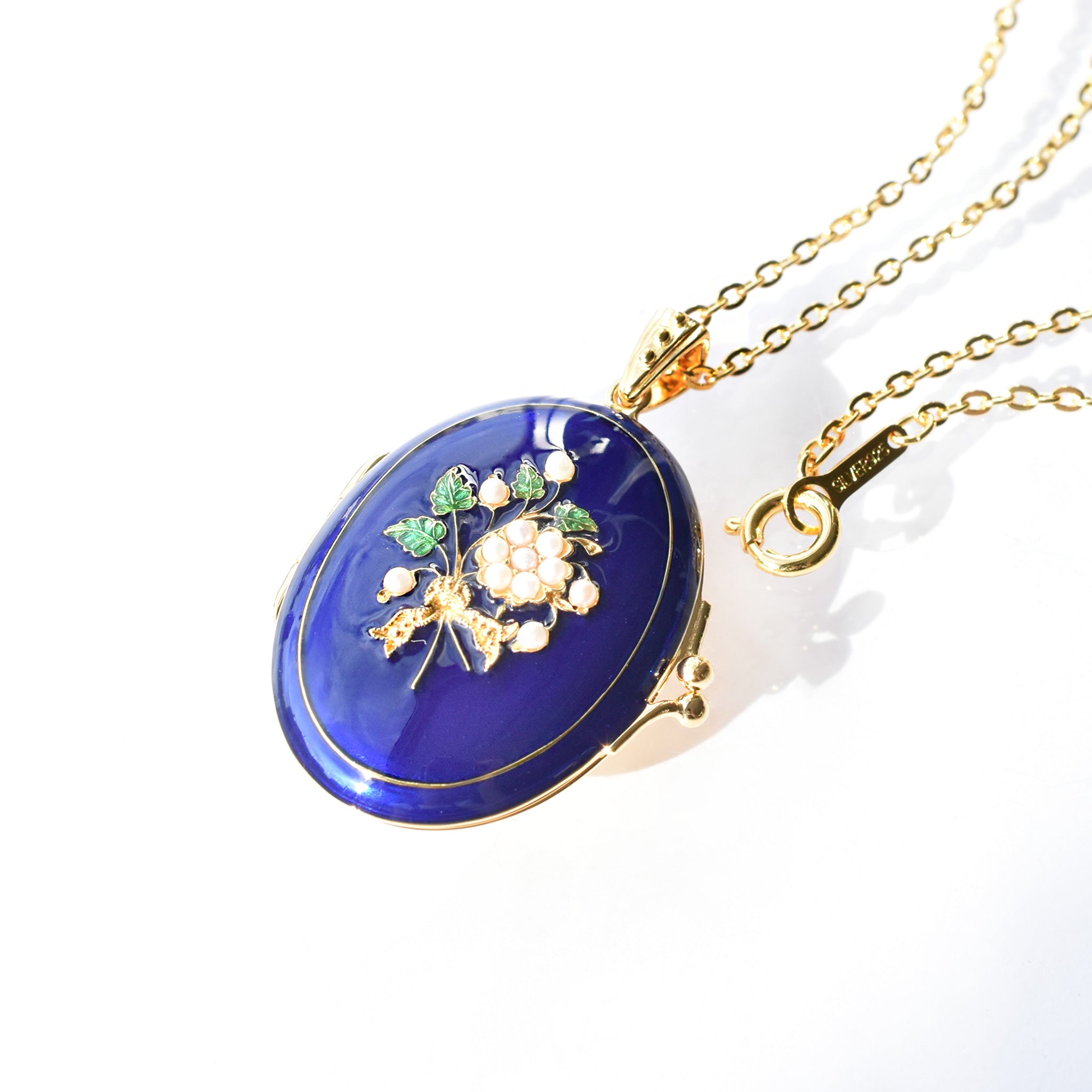 エナメル/パール シルバーネックレス(淡水真珠/ロケット/ロング/60cm)《25V03803》