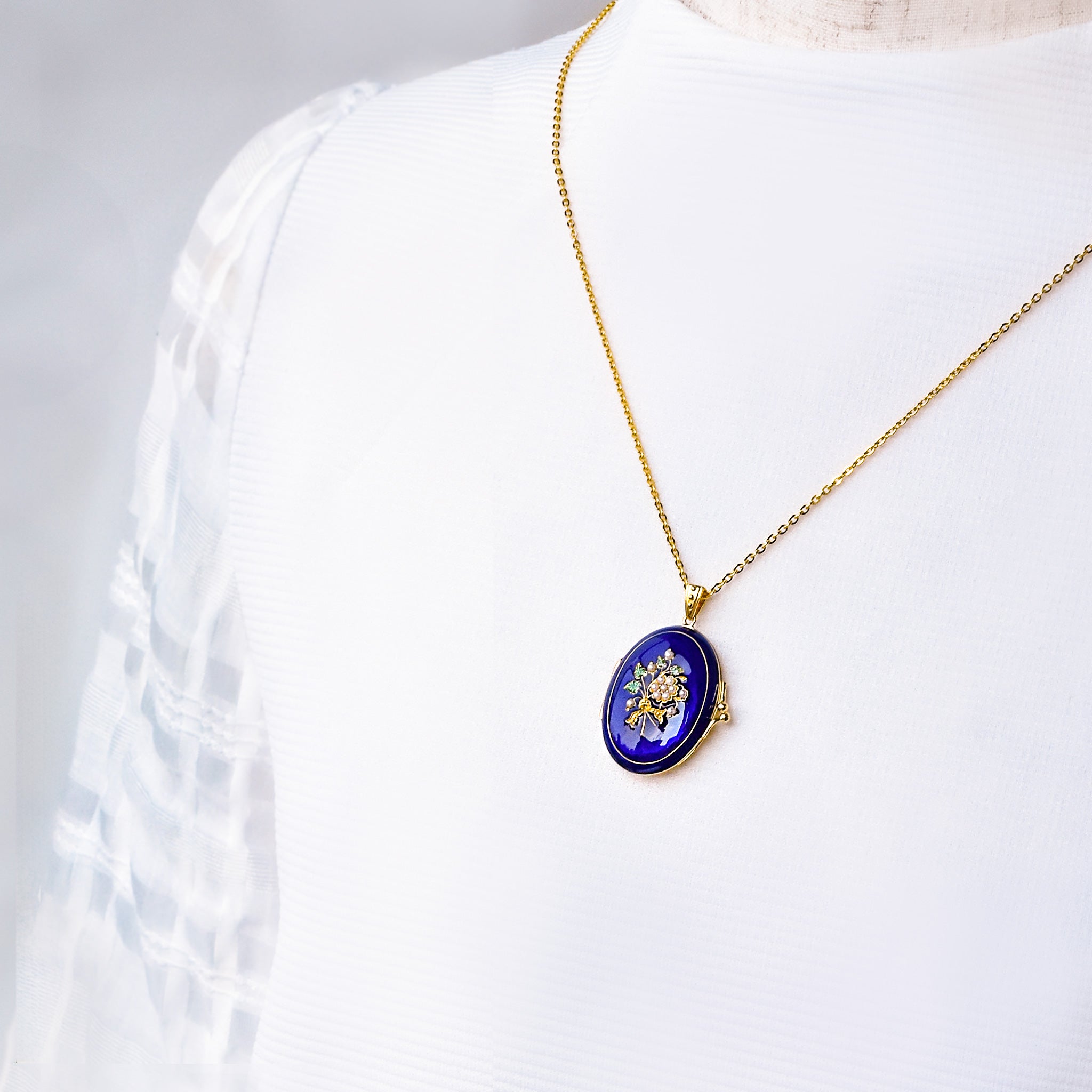 エナメル/パール シルバーネックレス(淡水真珠/ロケット/ロング/60cm)《25V03803》