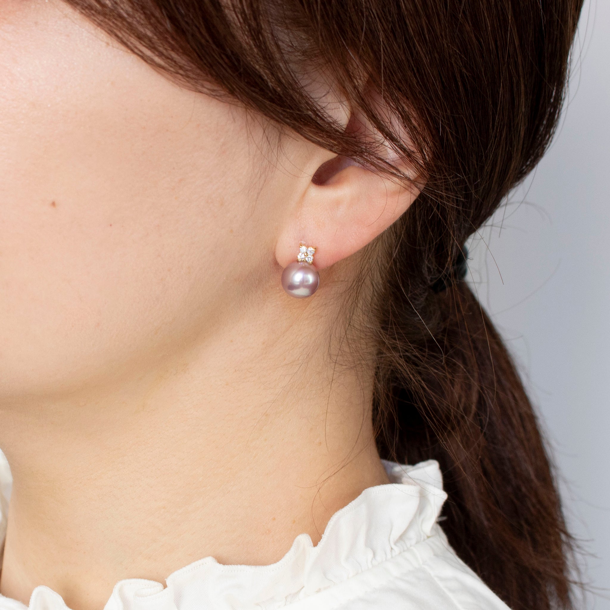 パールダイヤモンド K18ピアス(淡水真珠/8mm/ピンクパープル系/6月誕生石)《26A00202》