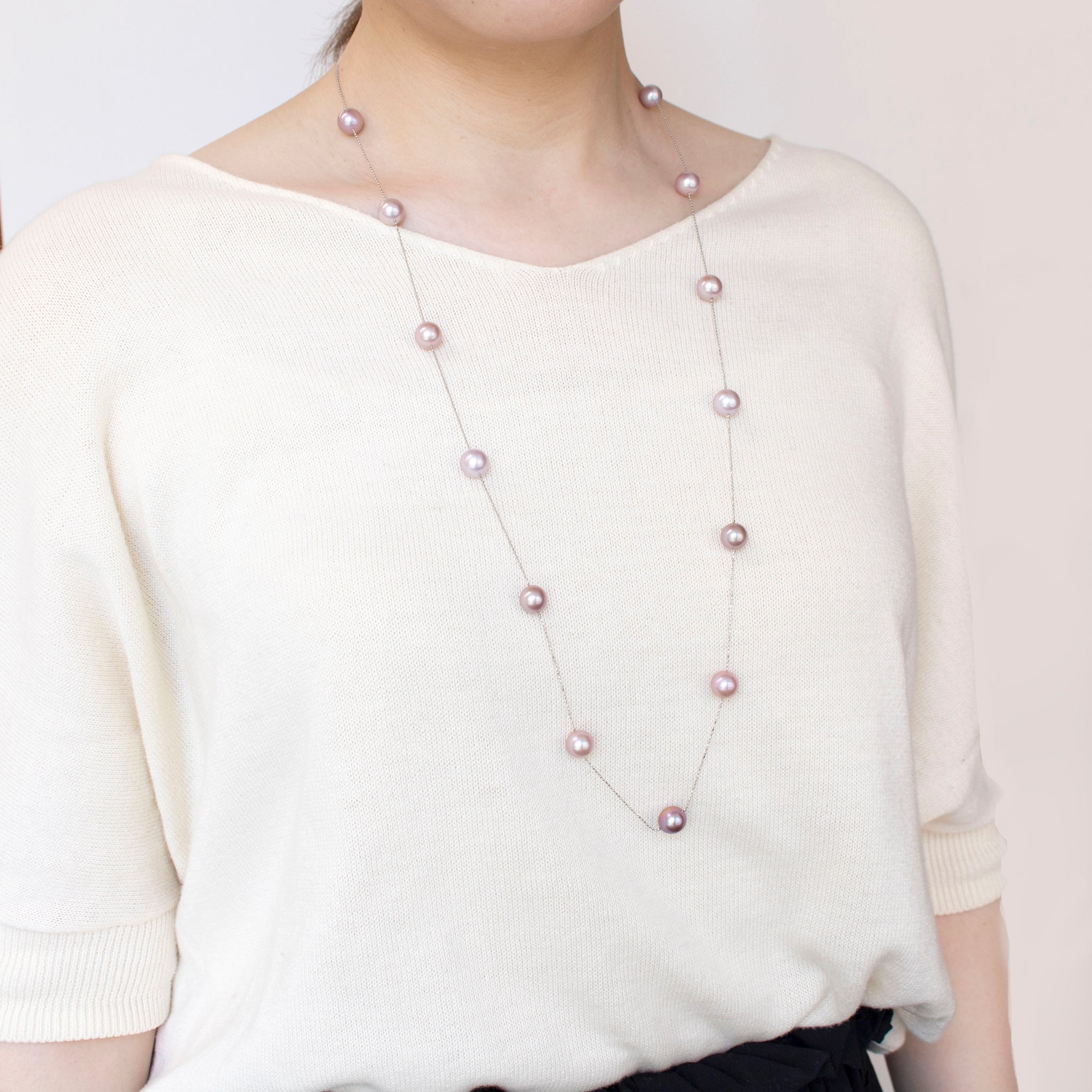 パール プラチナネックレス(淡水真珠/ロング/80cm/ステーション/6月誕生石)《26A00208》