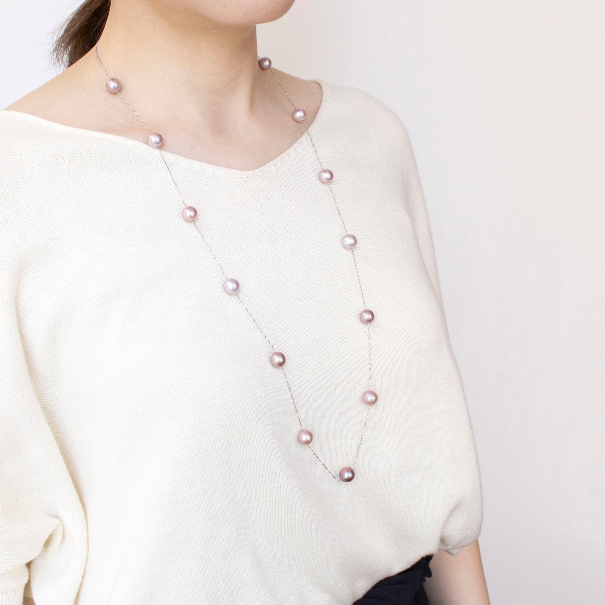 パール プラチナネックレス(淡水真珠/ロング/80cm/ステーション/6月誕生石)《26A00208》