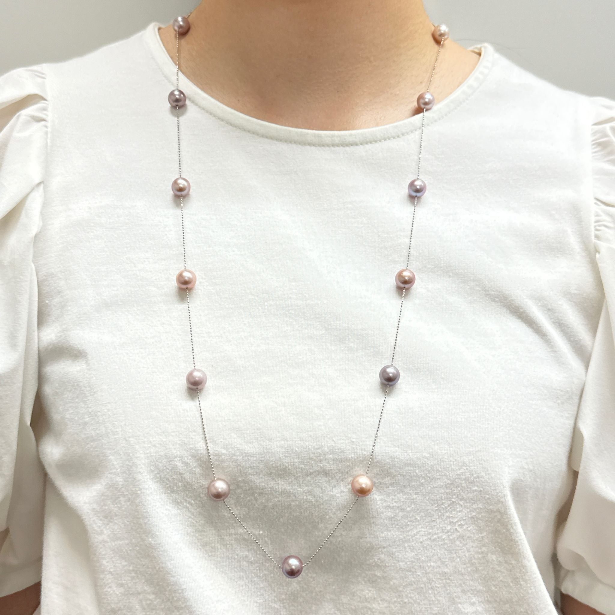 パール プラチナネックレス(淡水真珠/ロング/80cm/ステーション/6月誕生石)《26A00208》