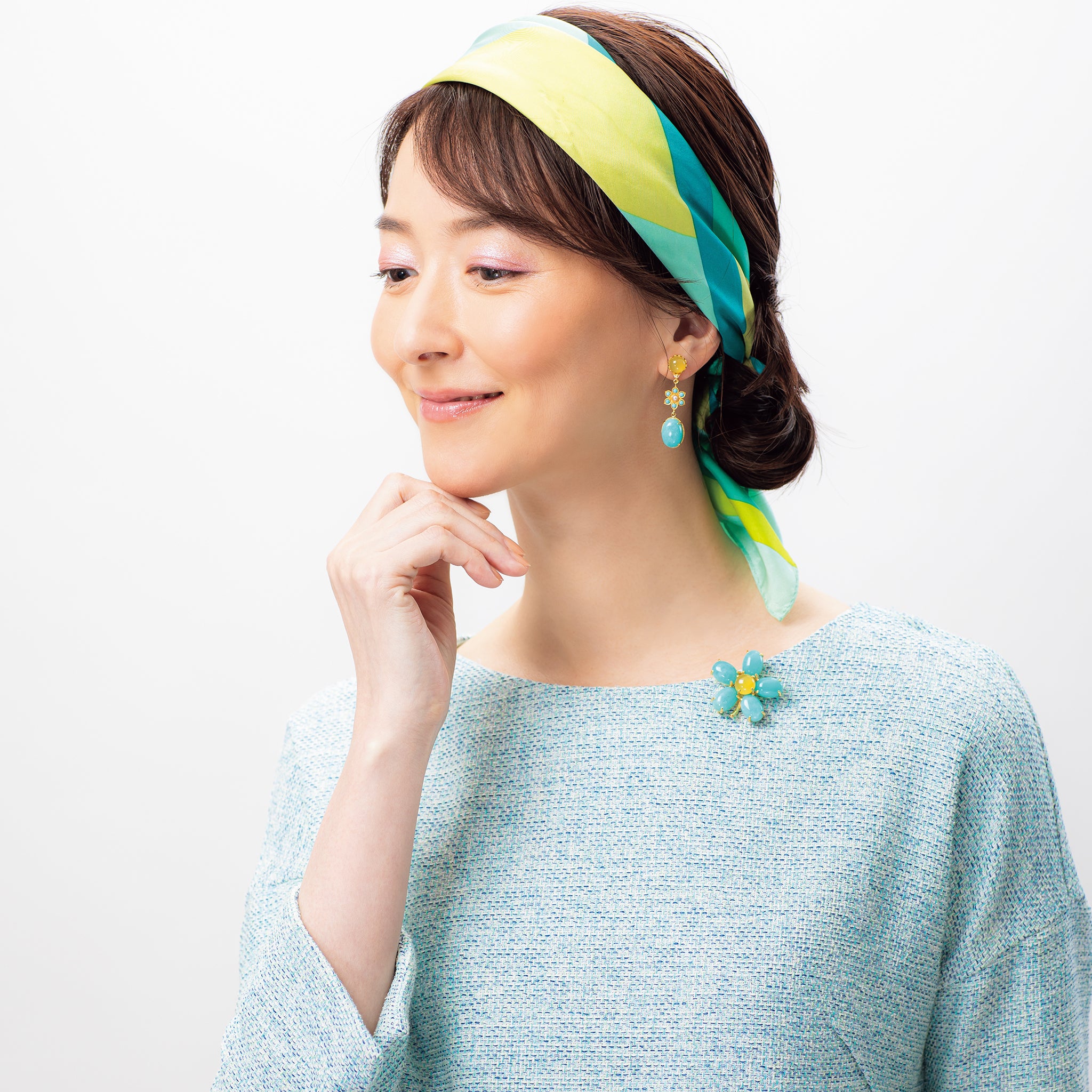 アマゾナイト/イエローカルセドニー シルバーブローチ兼ペンダントトップ(フラワーモチーフ)《26A01412》