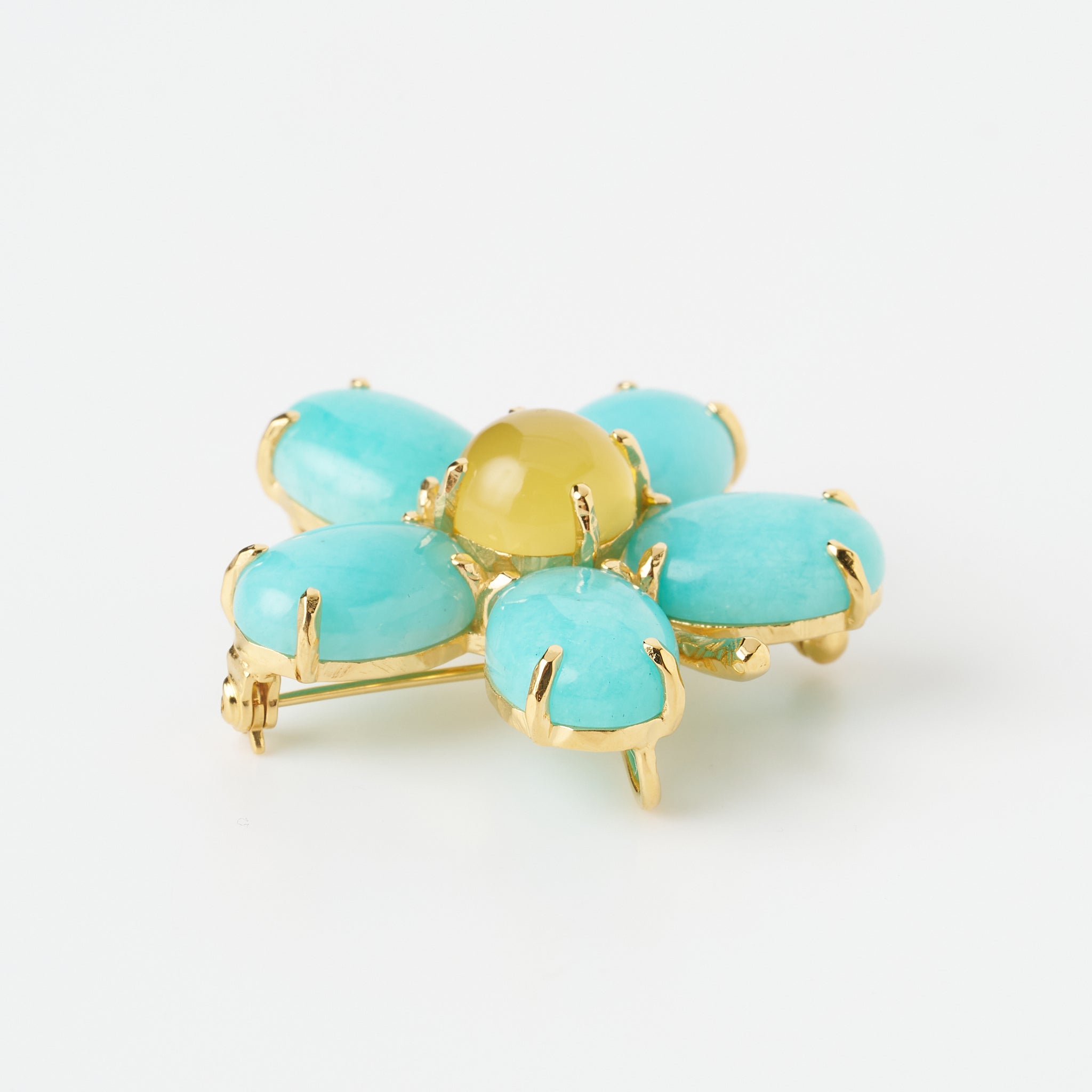 アマゾナイト/イエローカルセドニー シルバーブローチ兼ペンダントトップ(フラワーモチーフ)《26A01412》