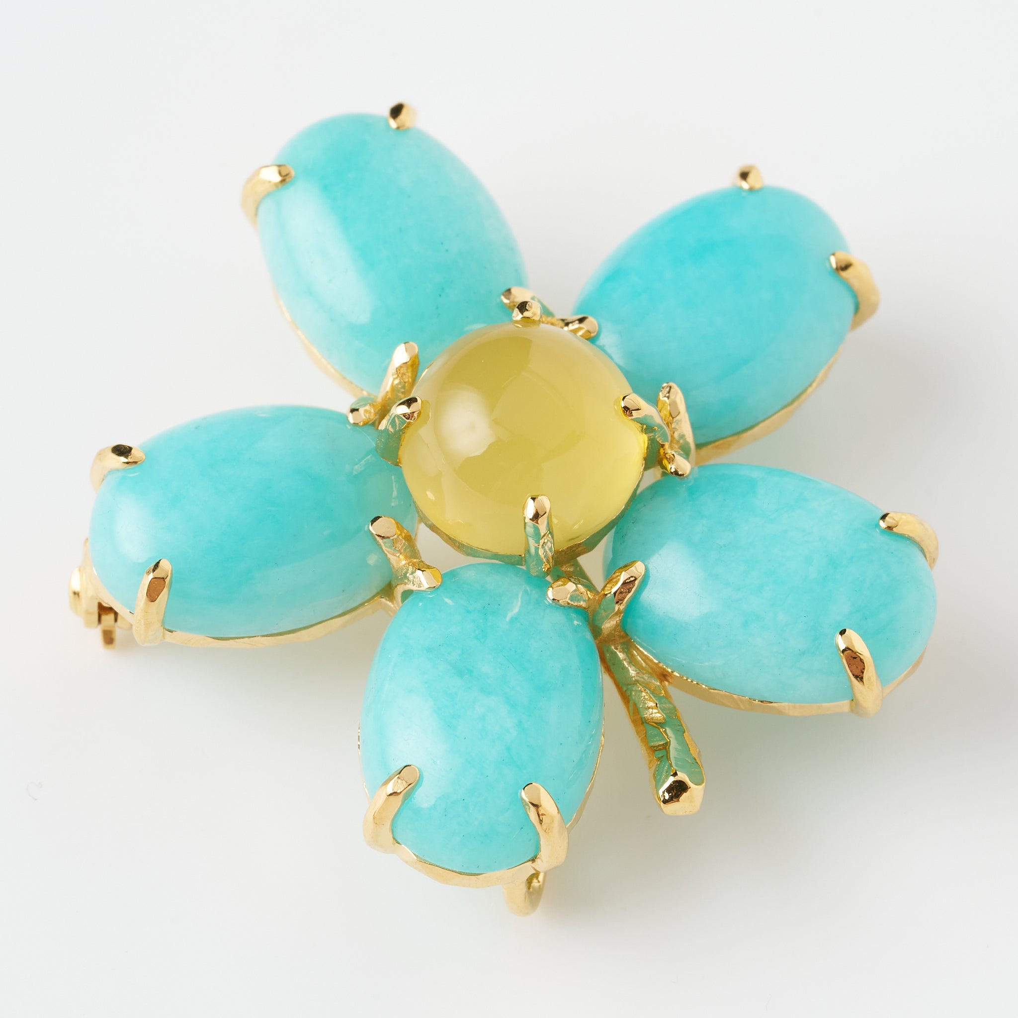 アマゾナイト/イエローカルセドニー シルバーブローチ兼ペンダントトップ(フラワーモチーフ)《26A01412》