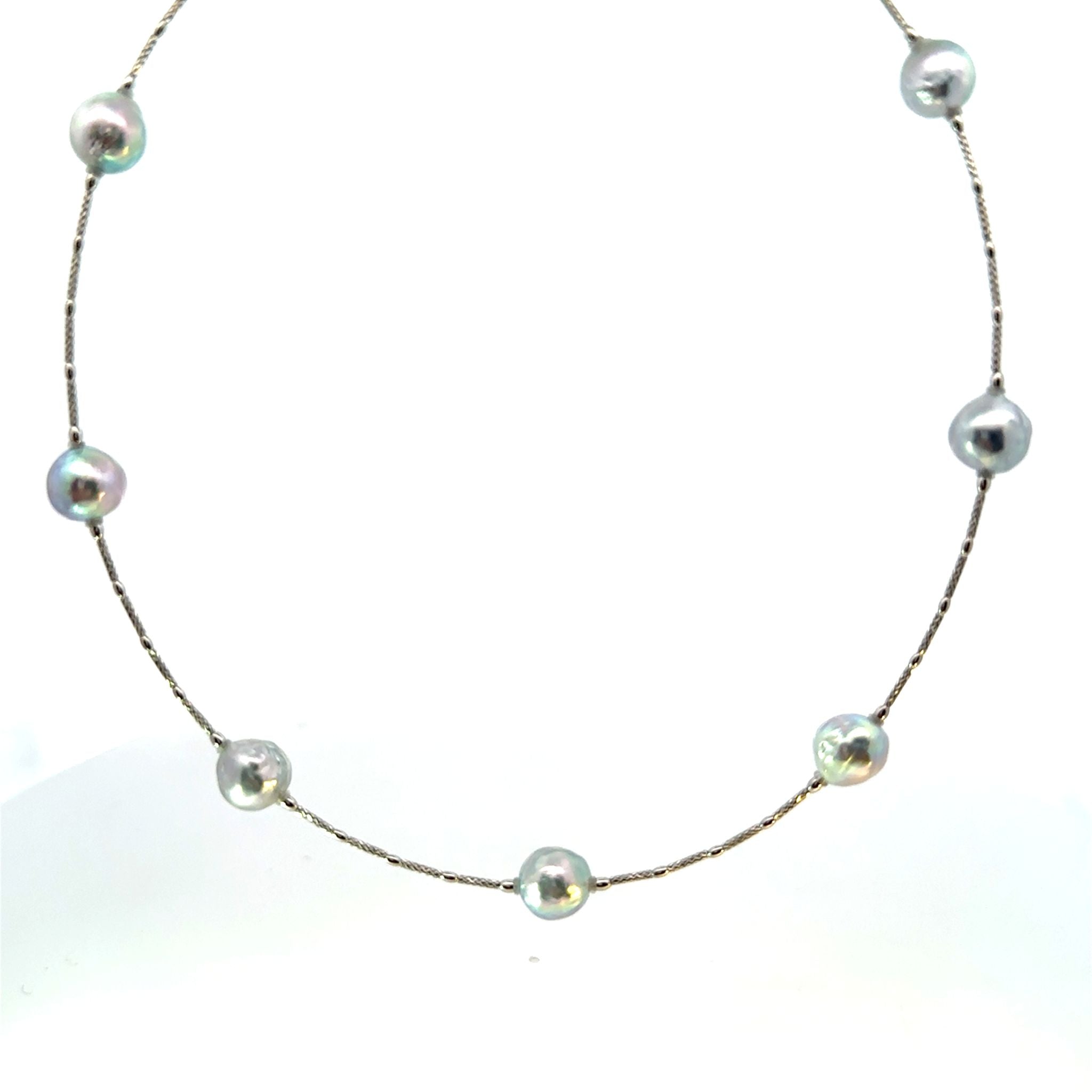 パール プラチナネックレス(アコヤ真珠/8mm/バロック珠/ナチュラルブルー系/宇和島産/形状記憶タイプ6月誕生石)《26H01012》