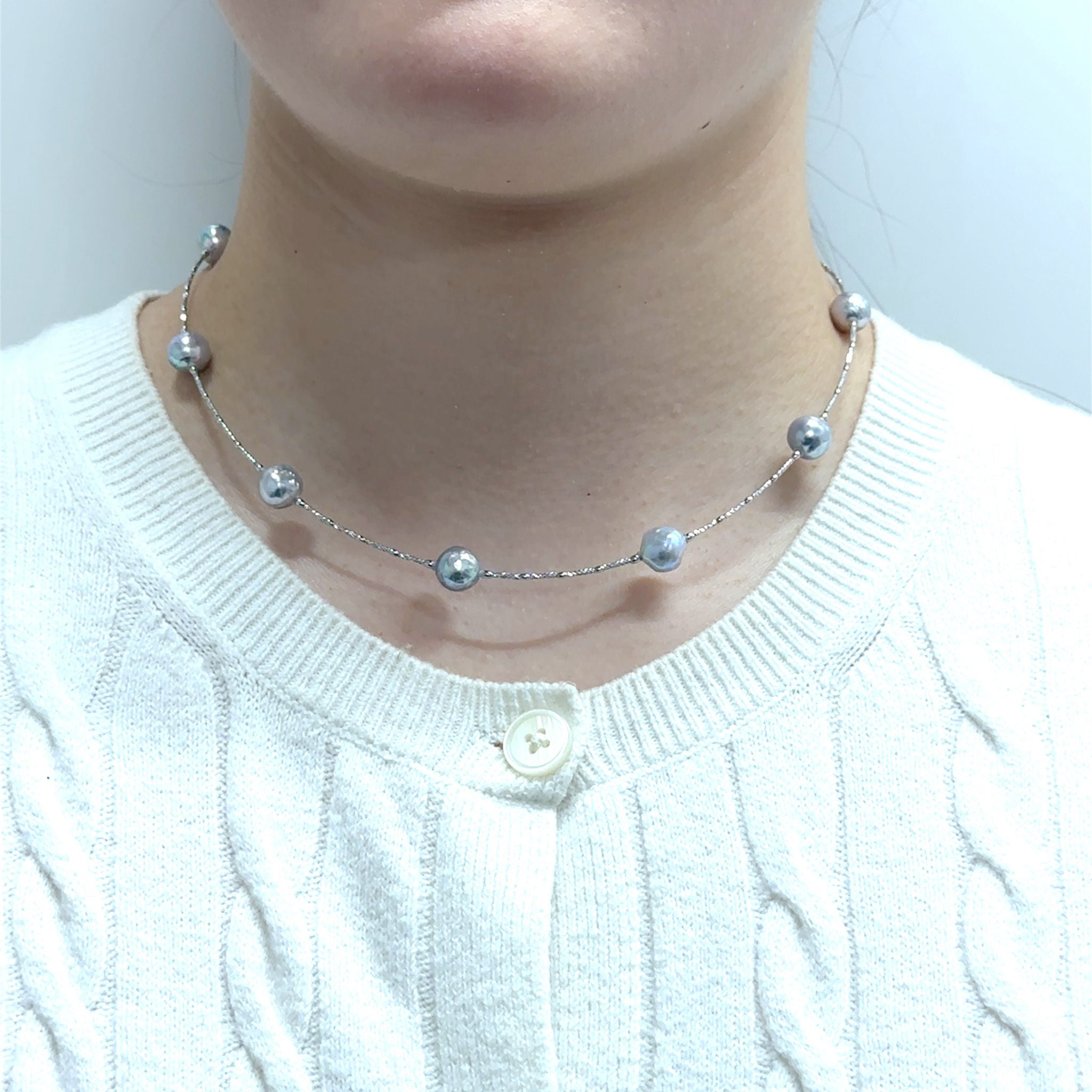 パール プラチナネックレス(アコヤ真珠/8mm/バロック珠/ナチュラルブルー系/宇和島産/形状記憶タイプ6月誕生石)《26H01012》