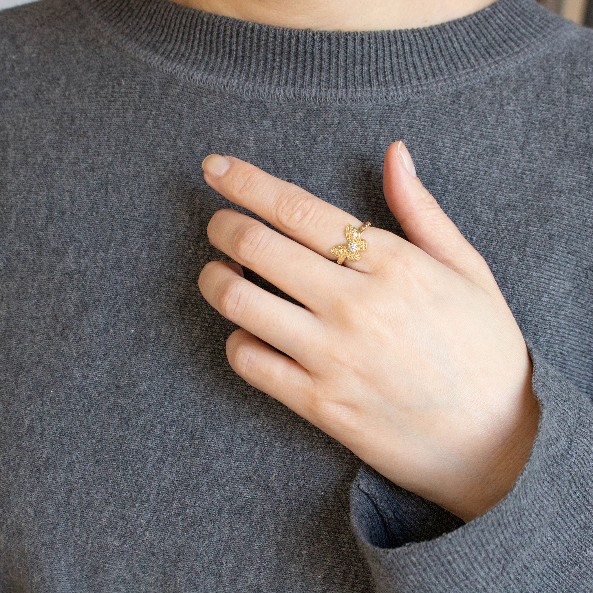 ダイヤモンド K18リング(フリーサイズ/蝶モチーフ/4月誕生石)《26T10129》