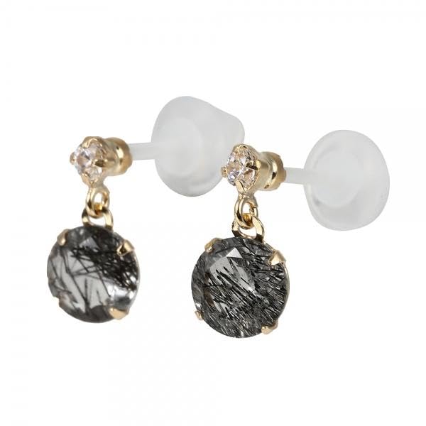 ブラックルチルクオーツ/キュービックジルコニア K18セラミックピアス(4月誕生石)《WEPN4055》