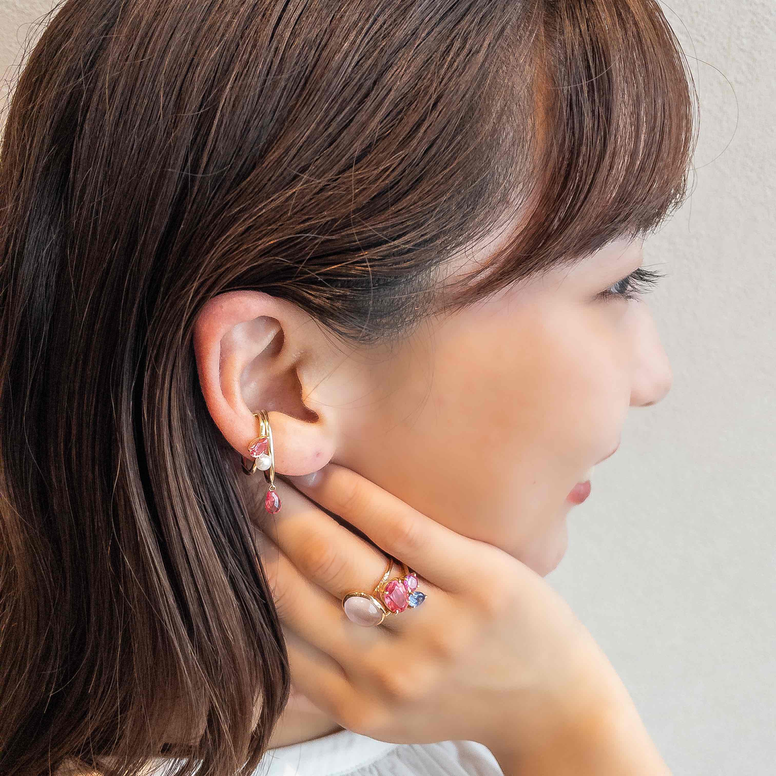 パパラチアサファイア/パール K10イヤーカフ(クレサンベール/淡水真珠/モンプレジール/9月誕生石)《WESP3999》