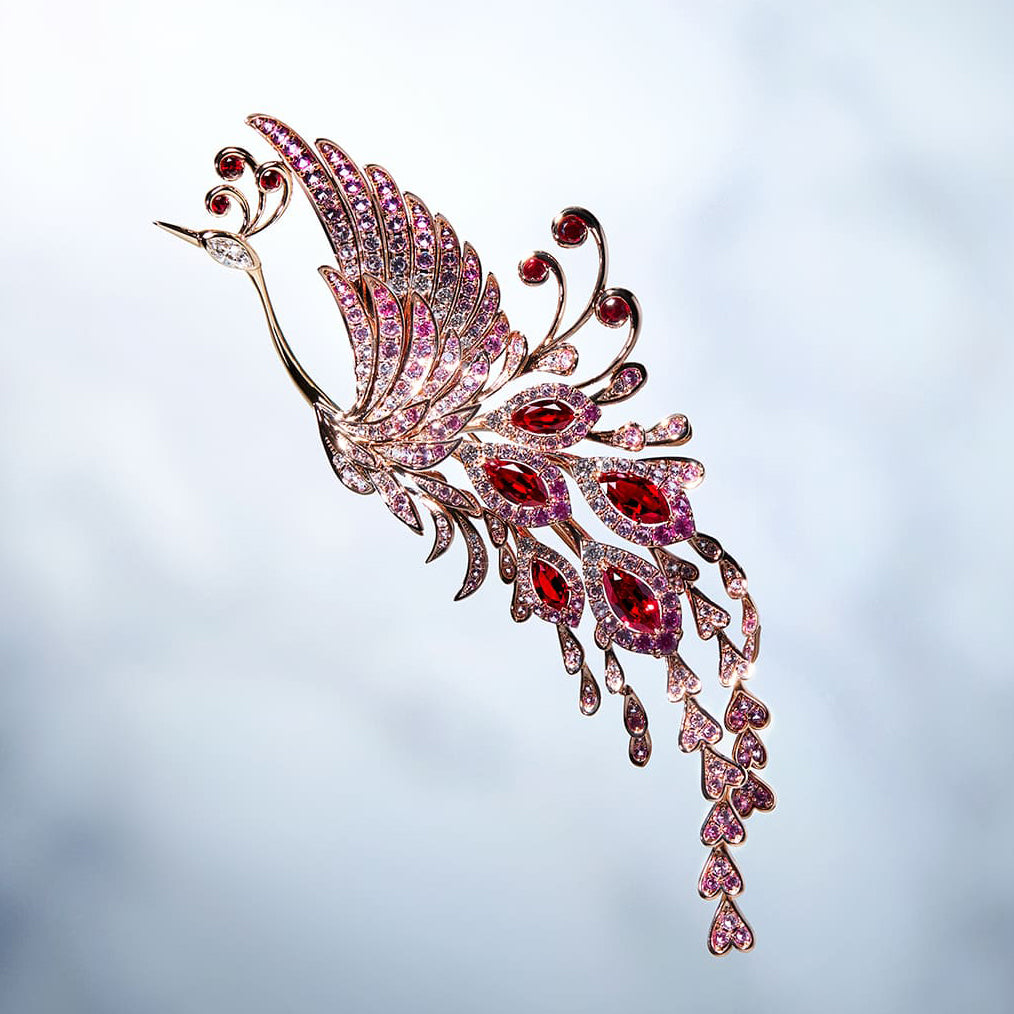 ルビー/ピンクサファイア/ダイヤモンド K18ブローチ(クレサンベール/LGD/50周年記念商品/朱雀の舞/7月誕生石)《CBRR0017》