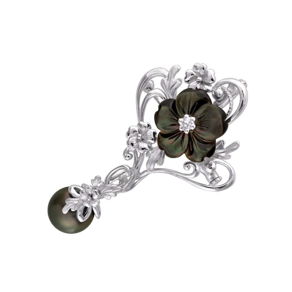 パール /ブラックシェル シルバーブローチ/ペンダントトップ/クリッカー(黒蝶真珠 /10.0mmUP/桜モチーフ/5Way/6月誕生石)《JBRQ1273》