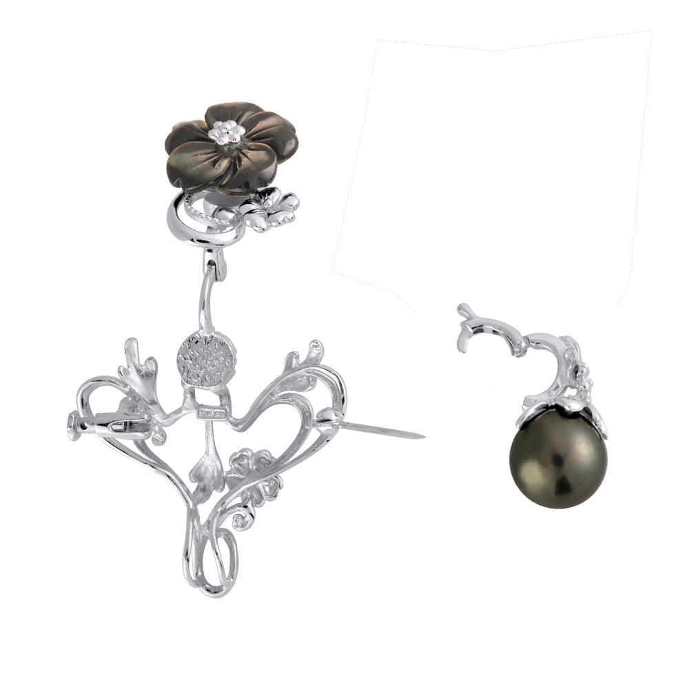 パール /ブラックシェル シルバーブローチ/ペンダントトップ/クリッカー(黒蝶真珠 /10.0mmUP/桜モチーフ/5Way/6月誕生石)《JBRQ1273》