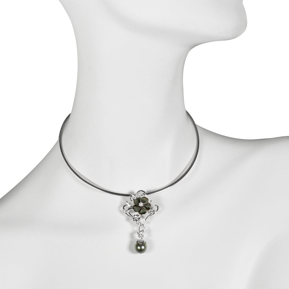 パール /ブラックシェル シルバーブローチ/ペンダントトップ/クリッカー(黒蝶真珠 /10.0mmUP/桜モチーフ/5Way/6月誕生石)《JBRQ1273》