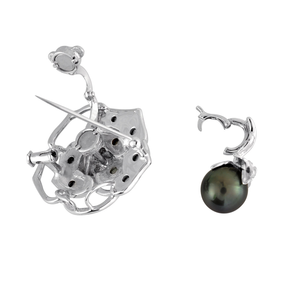 パール /ブラックシェル シルバーブローチ/ペンダントトップ/クリッカー(黒蝶真珠 /10.0mmUP/薔薇モチーフ/5Way/6月誕生石)《JBRQ1274》