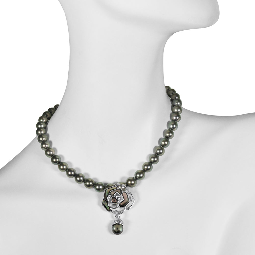 パール /ブラックシェル シルバーブローチ/ペンダントトップ/クリッカー(黒蝶真珠 /10.0mmUP/薔薇モチーフ/5Way/6月誕生石)《JBRQ1274》