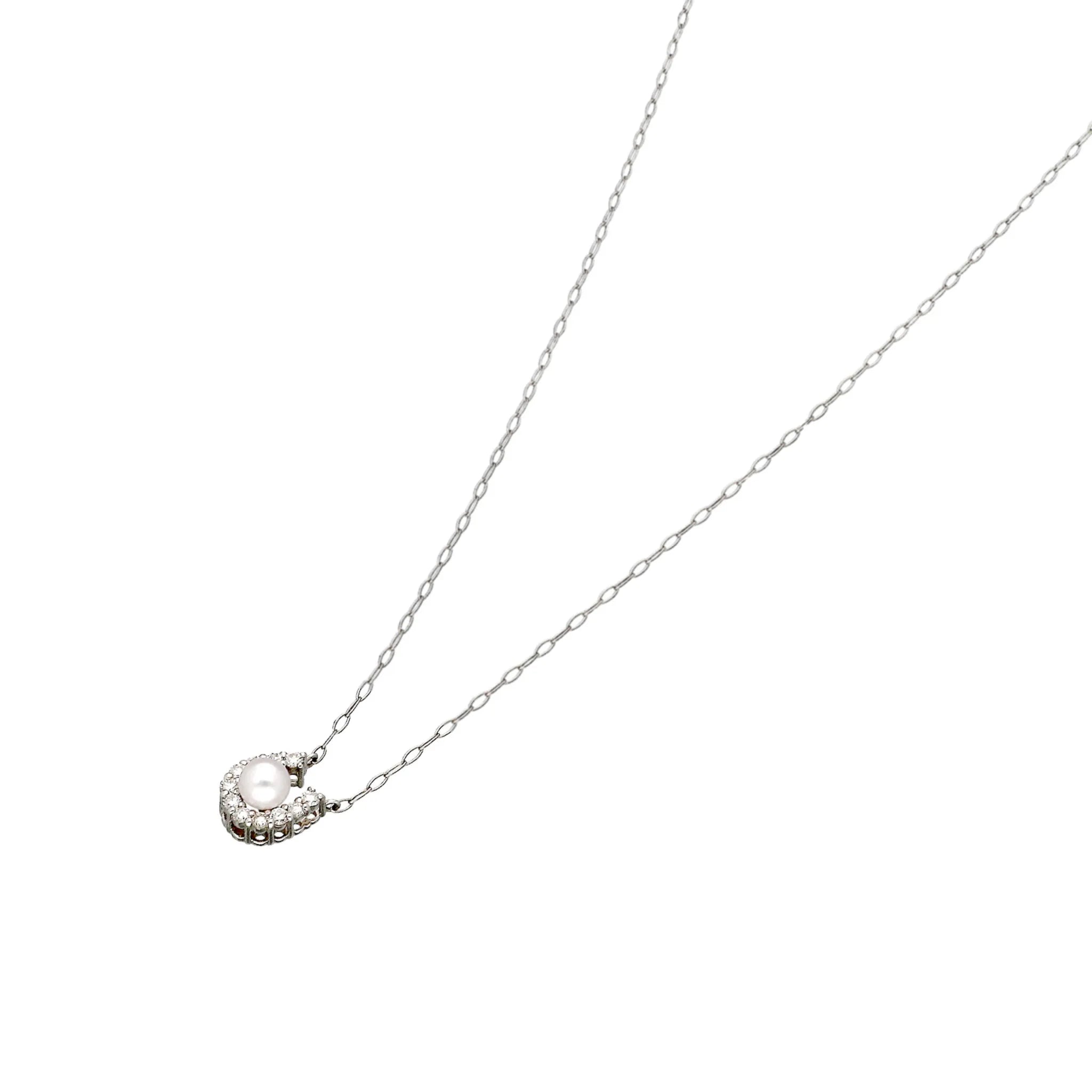 パール/ダイヤモンド プラチナネックレス(アコヤ真珠/3mm/馬蹄/6月誕生石)《JPDQ2044》