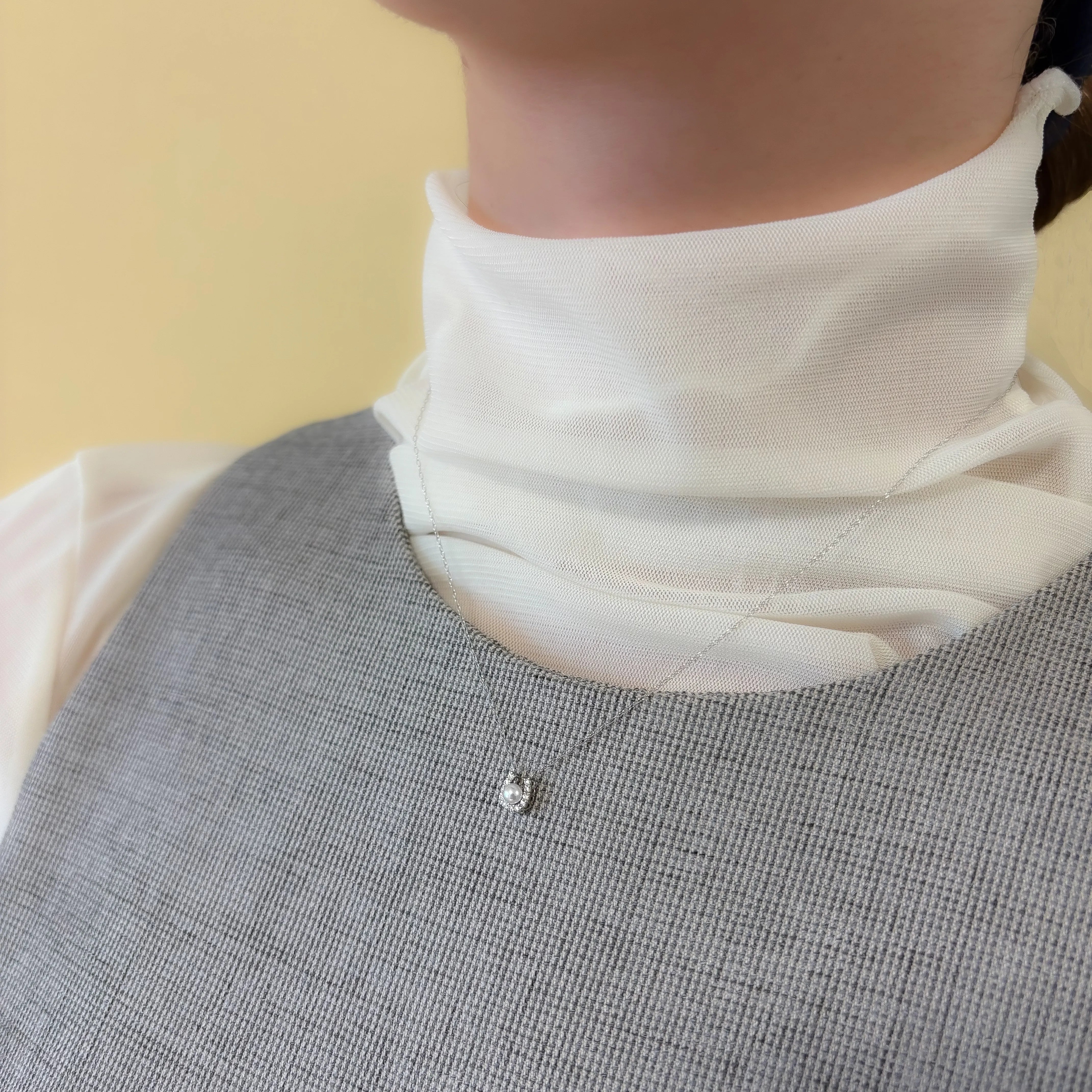 パール/ダイヤモンド プラチナネックレス(アコヤ真珠/3mm/馬蹄/6月誕生石)《JPDQ2044》