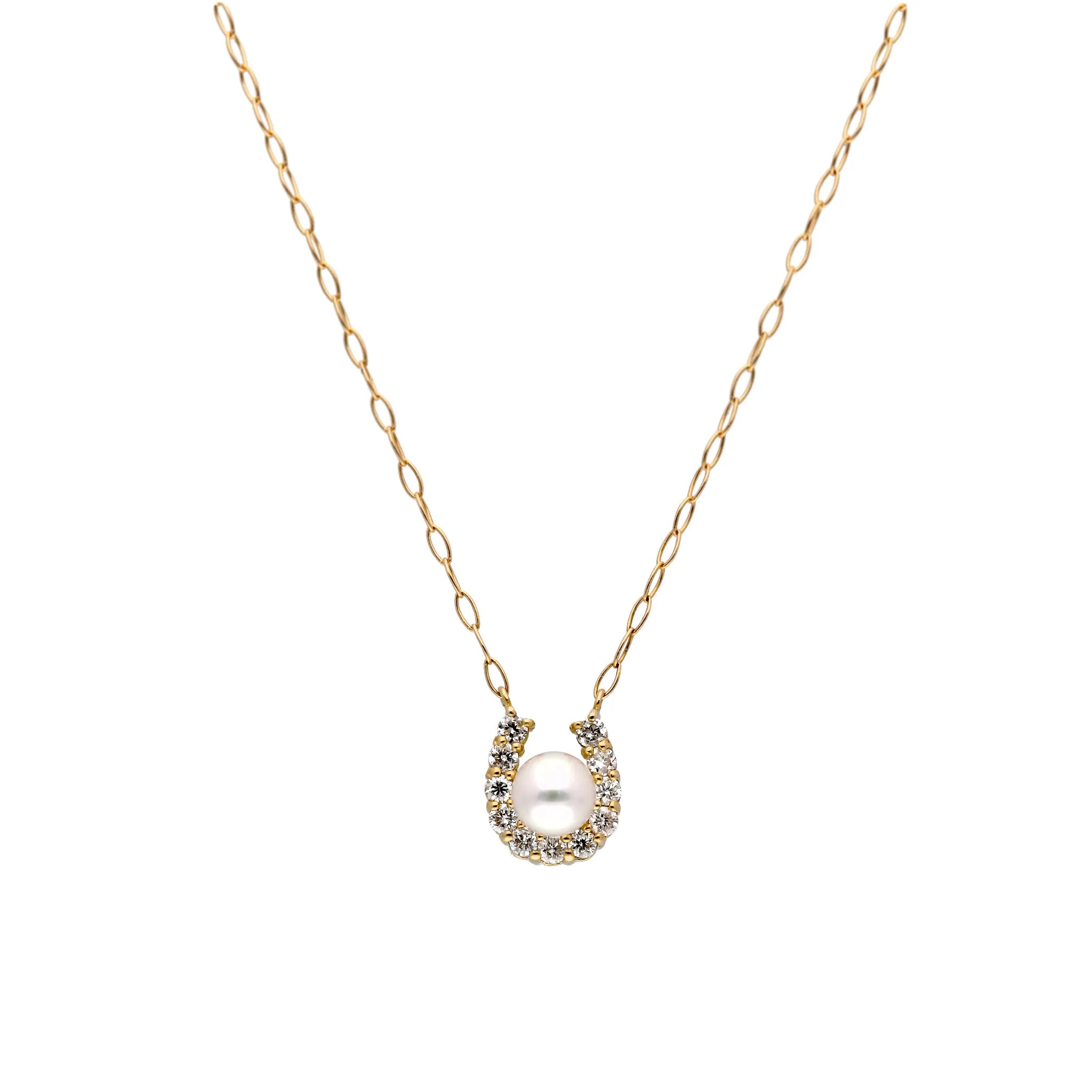 パール/ダイヤモンド K18ネックレス(アコヤ真珠/3mm/馬蹄/6月誕生石)《JPDQ2045》