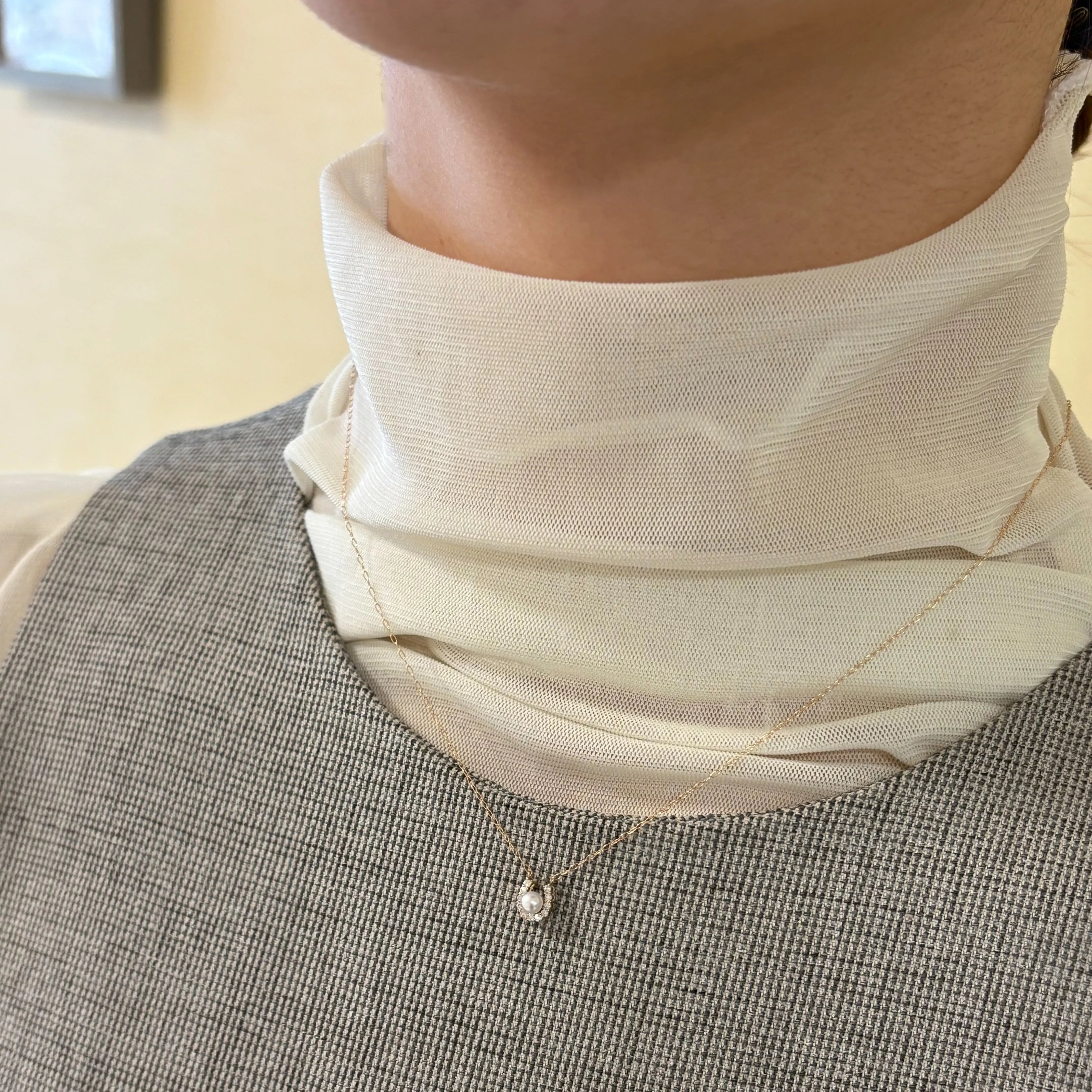 パール/ダイヤモンド K18ネックレス(アコヤ真珠/3mm/馬蹄/6月誕生石)《JPDQ2046》