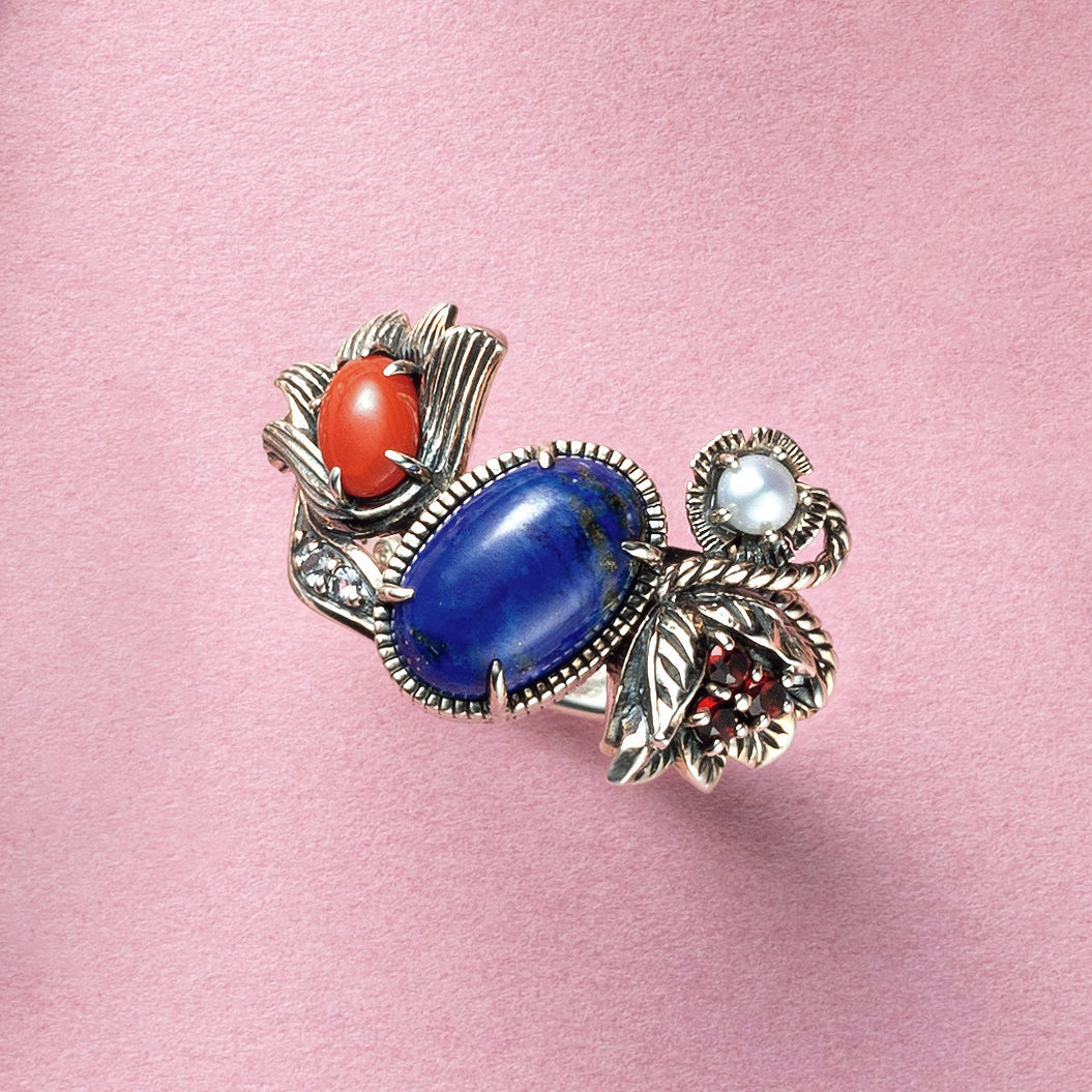 ラピスラズリ/珊瑚(さんご) シルバーリング(メドウェイ)《M0020017》