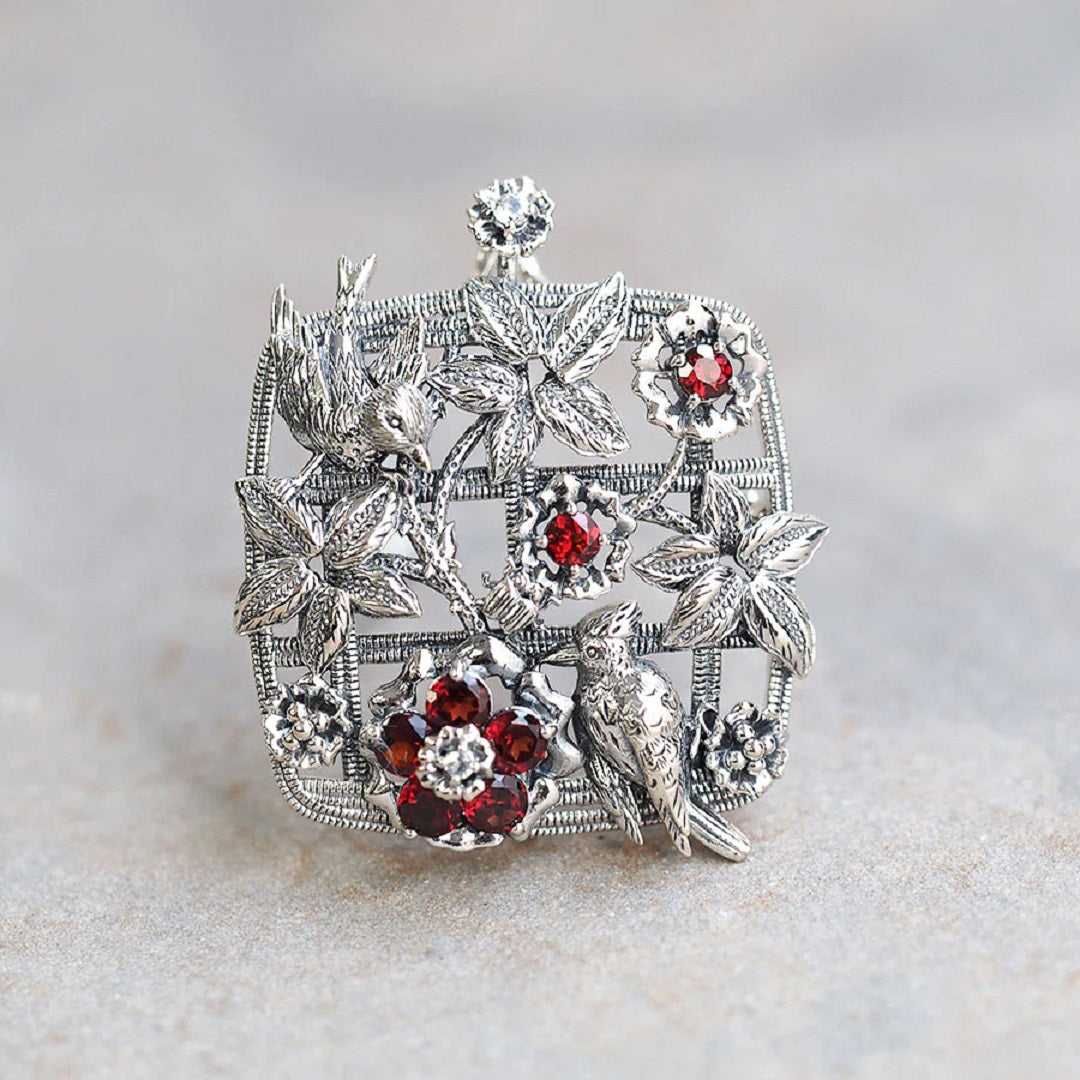 ガーネット/ホワイトトパーズ シルバーブローチ兼ペンダントップ(格子垣)《M0020037》