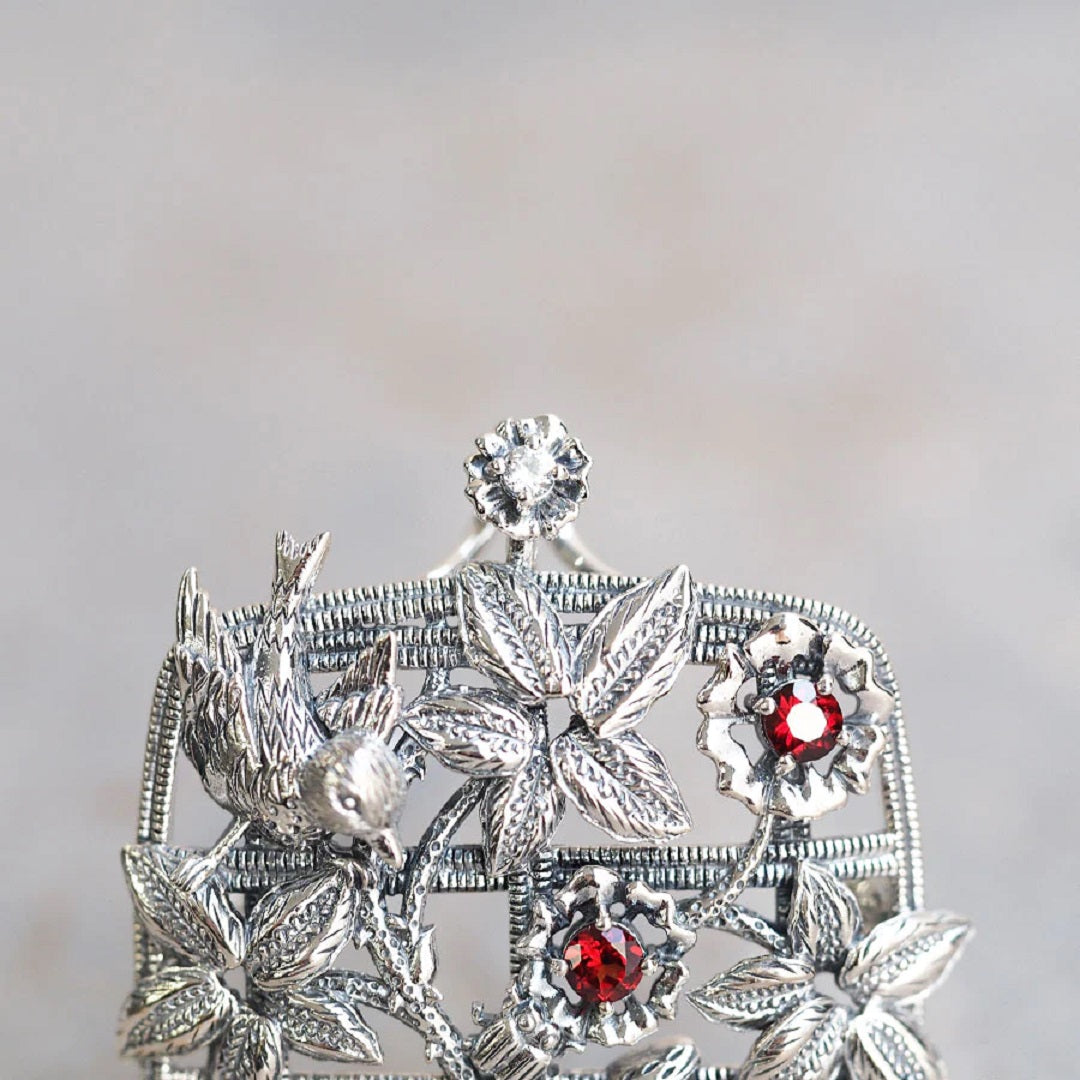 ガーネット/ホワイトトパーズ シルバーブローチ兼ペンダントップ(格子垣)《M0020037》