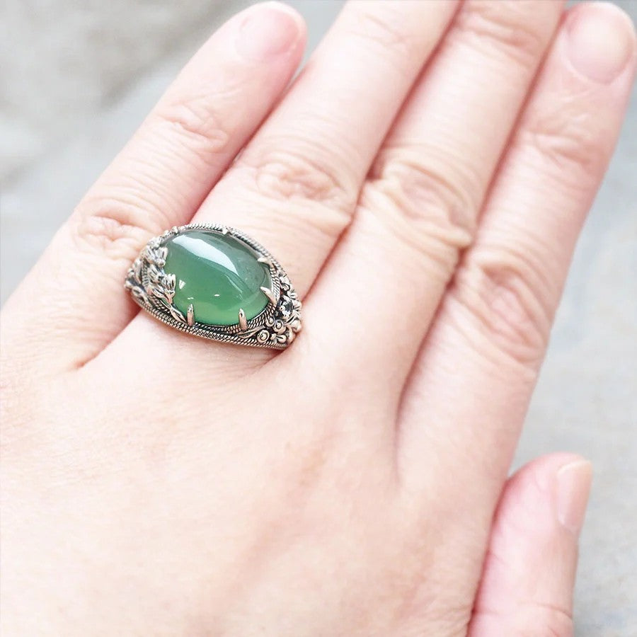 グリーンカルセドニー/ホワイトトパーズ シルバーリング(花づくし)《M0020042》