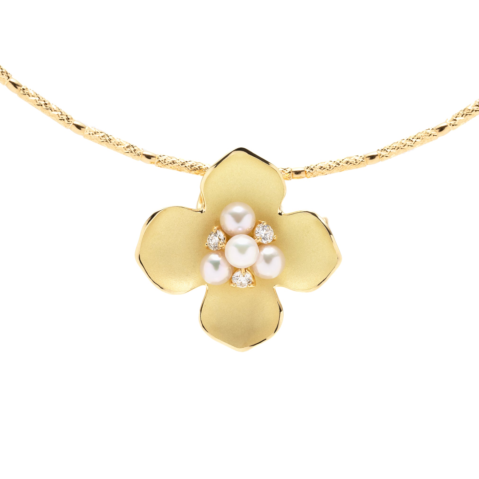 パール K18ネックレス兼ブローチ(アコヤ真珠/花水木<ハナミズキ>モチーフ/6月誕生石/鑑別書付き)《M0030011》