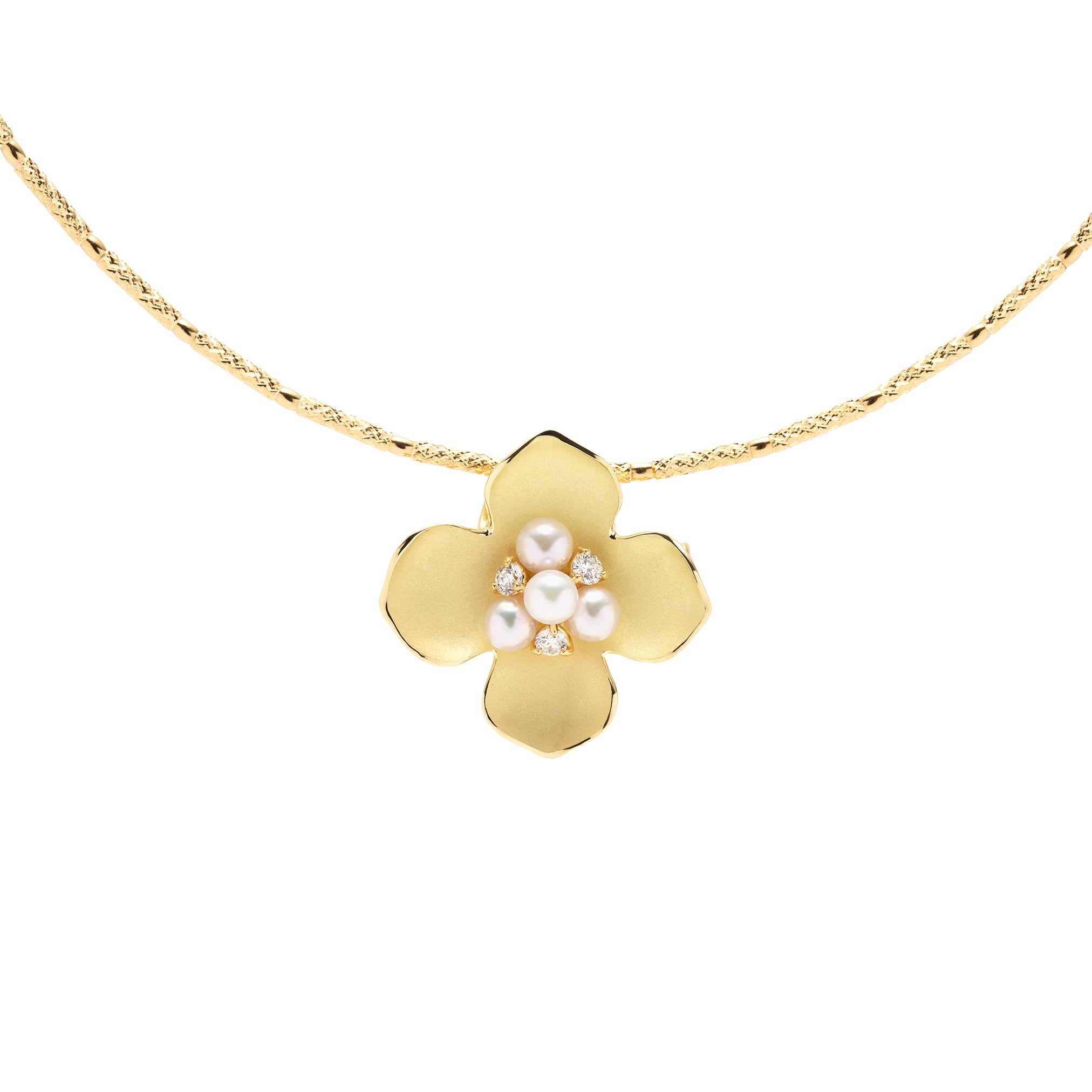 パール K18ネックレス兼ブローチ(アコヤ真珠/花水木<ハナミズキ>モチーフ/6月誕生石/鑑別書付き)《M0030011》