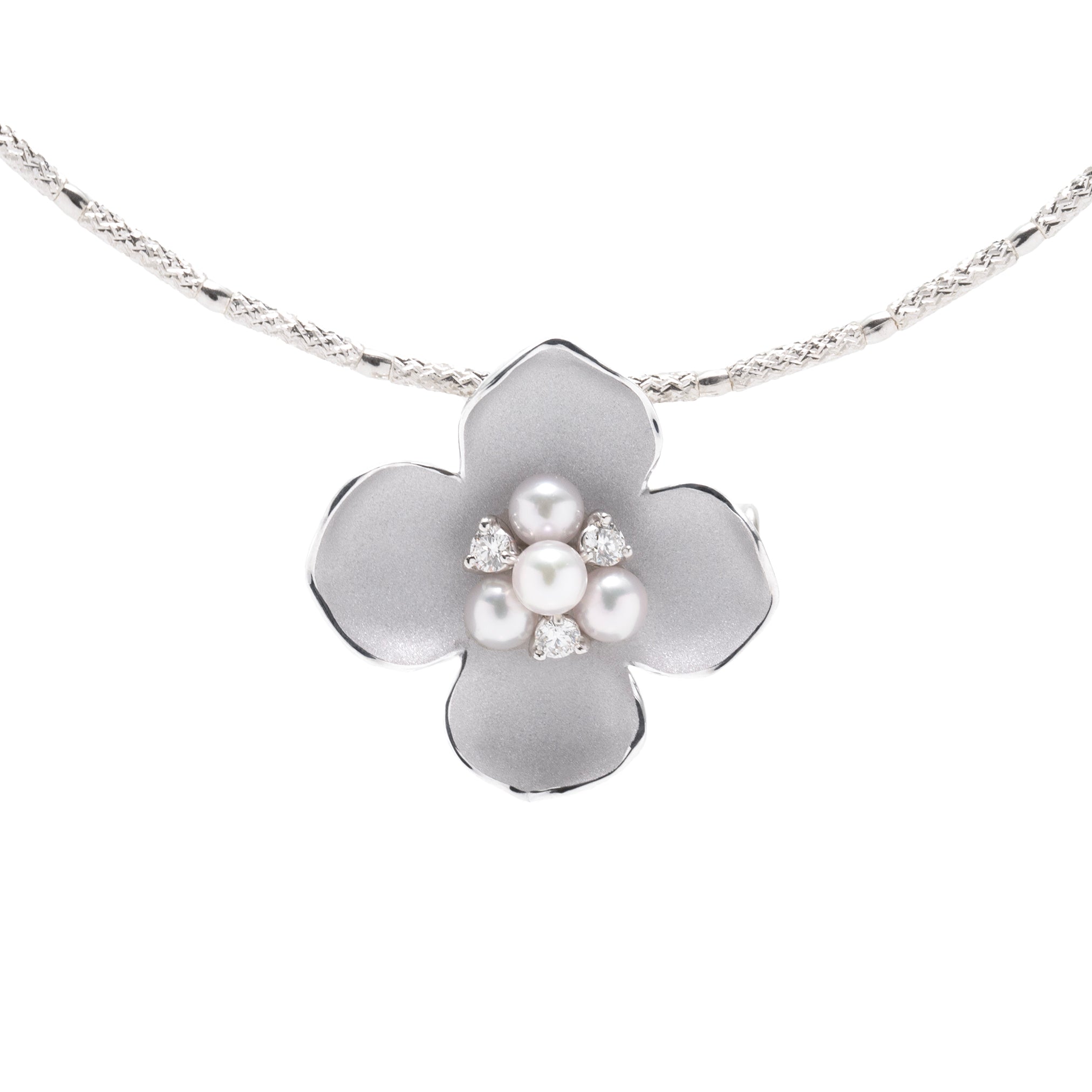 パール K18ネックレス兼ブローチ(アコヤ真珠/花水木<ハナミズキ>モチーフ/6月誕生石/鑑別書付き)《M0030012》