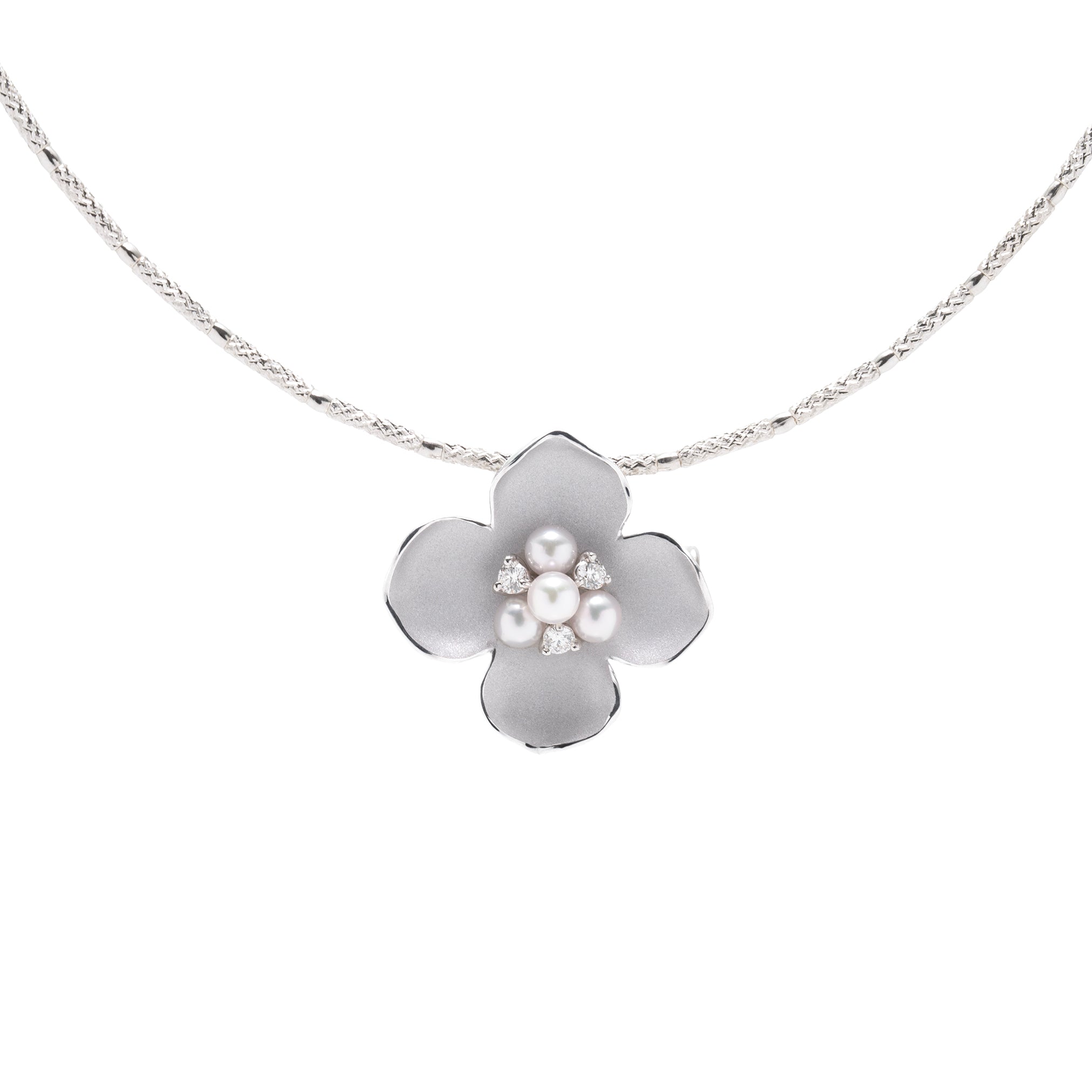 パール K18ネックレス兼ブローチ(アコヤ真珠/花水木<ハナミズキ>モチーフ/6月誕生石/鑑別書付き)《M0030012》