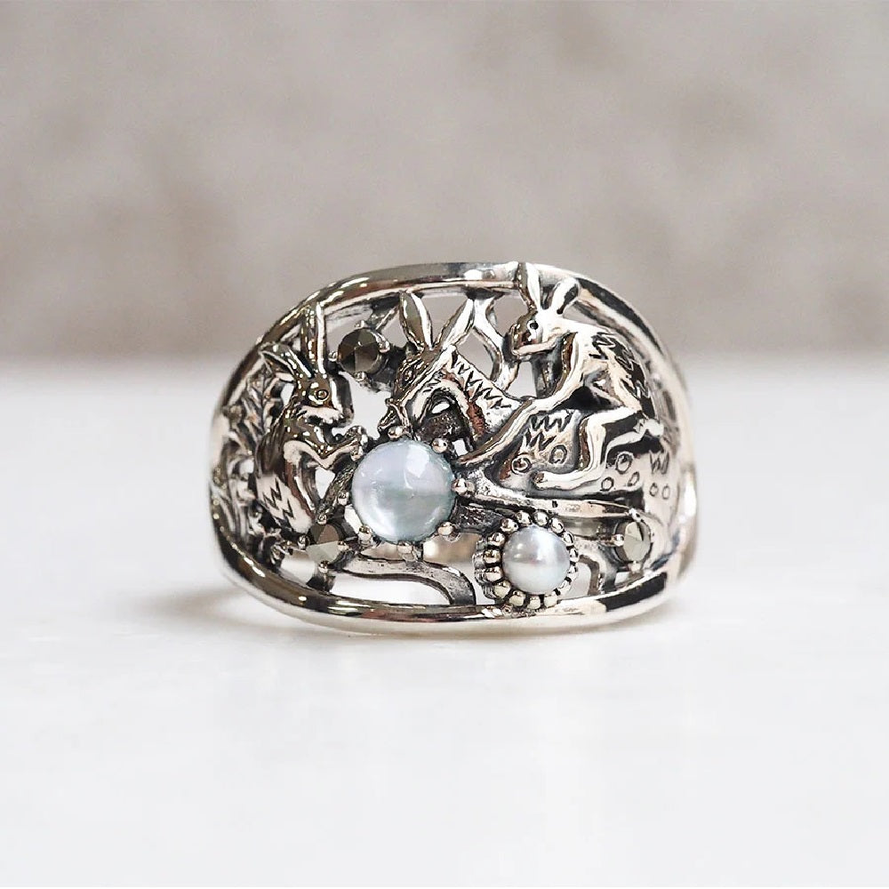 張り合わせ石(ラリマー/シェル/クォーツ) シルバーリング(鳥獣戯画)《M0050001》