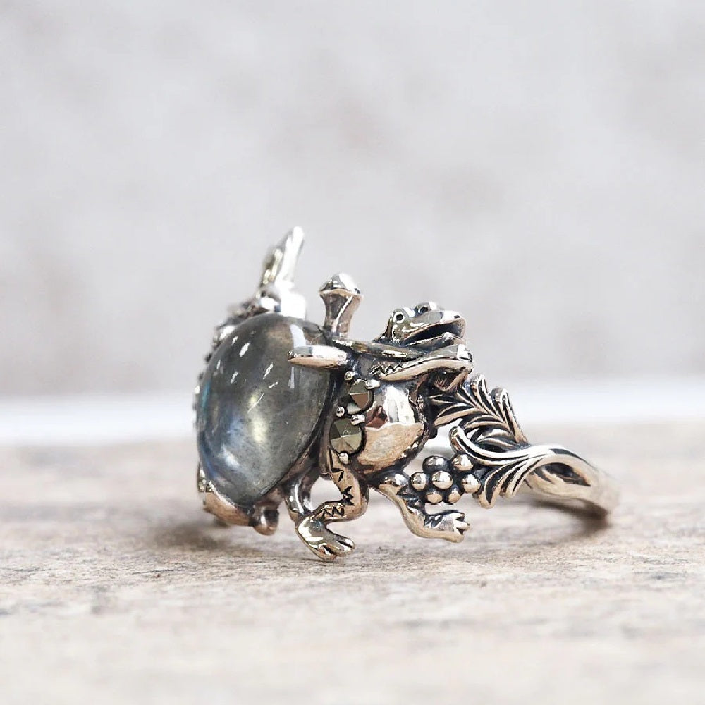 張り合わせ石(フェルスパー/クォーツ) シルバーリング(鳥獣戯画)《M0050003》