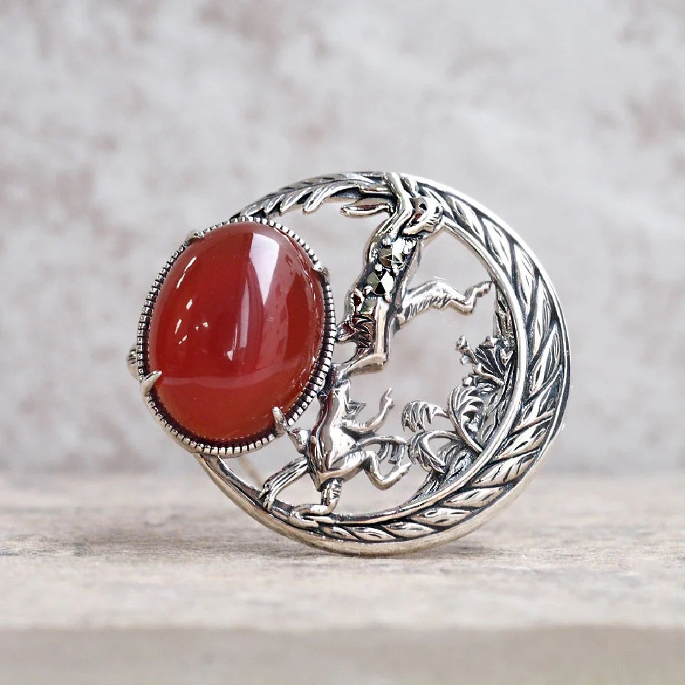 カーネリアン/マルカジット シルバーブローチ兼ペンダントトップ(鳥獣戯画)《M0050006》