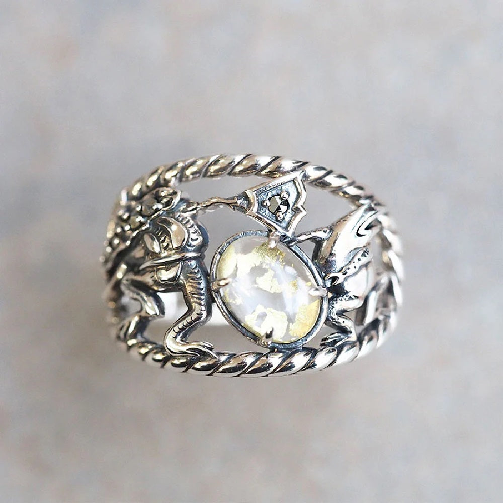 張り合わせ石(クォーツ/金箔) シルバーリング(鳥獣戯画)《M0050008》