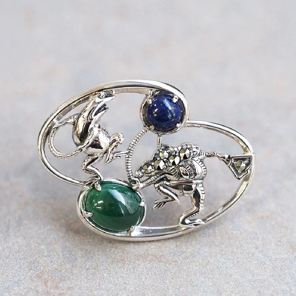 マラカイト/ラピスラズリ シルバーブローチ(鳥獣戯画)《M0050009》