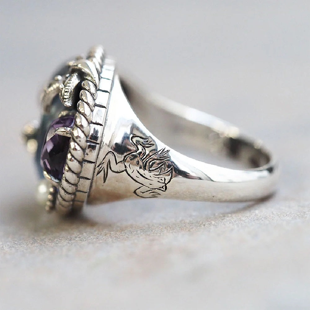 張り合わせ石(ブラックカルセドニー/アメシスト/シェル) シルバーリング(鳥獣戯画)《M0050010》