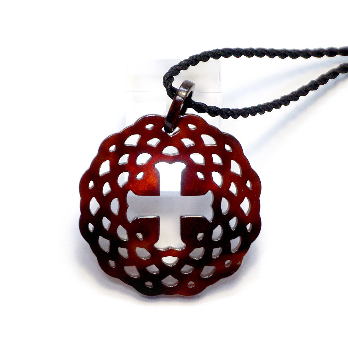 べっ甲 シルクコードネックレス(十字架と花/ロング/90cm)《M0080034》