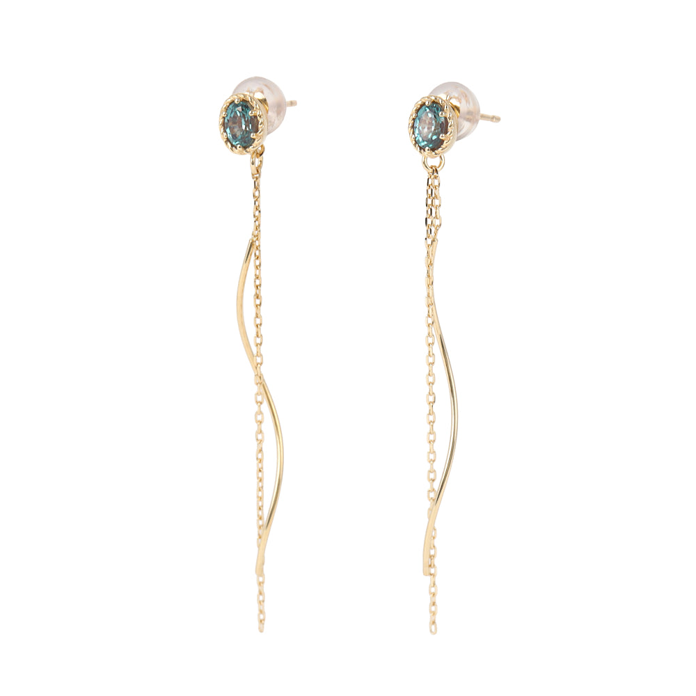 アレキサンドライト K10ピアス(クレサンベール/オーバル/モンプレジール/シングルウェーブ/チェーンキャッチタイプ/6月誕生石)《WEPA4035》