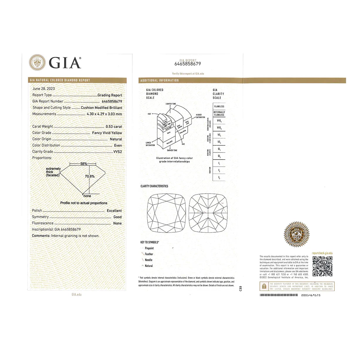 イエローダイヤモンド PTネックレス(F.V.Y/0.53ct/クッションカット/グレーディングレポート付)《WPDD4257》