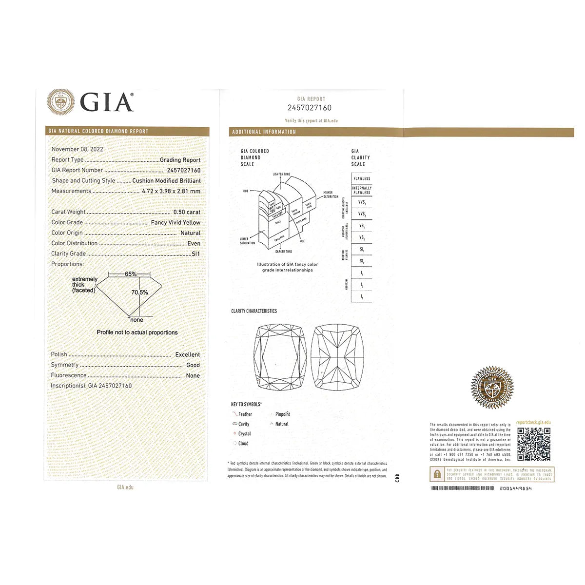 イエローダイヤモンド プラチナネックレス(F.V.Y/0.5ct/クッションカット/グレーディングレポート付)《WPDD4258》