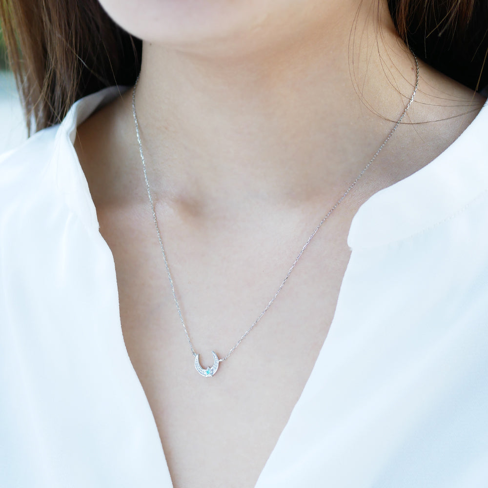 トルマリン プラチナネックレス(ネオンブルー/月モチーフ/10月誕生石)《WPDN3321》