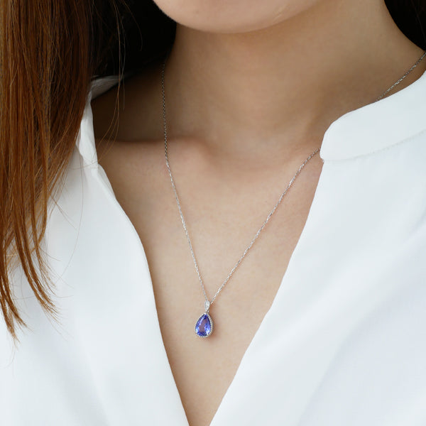 タンザナイト/ダイヤモンド プラチナネックレス(ペアシェイプ/ミル打ち/12月誕生石)《WPDN3346》