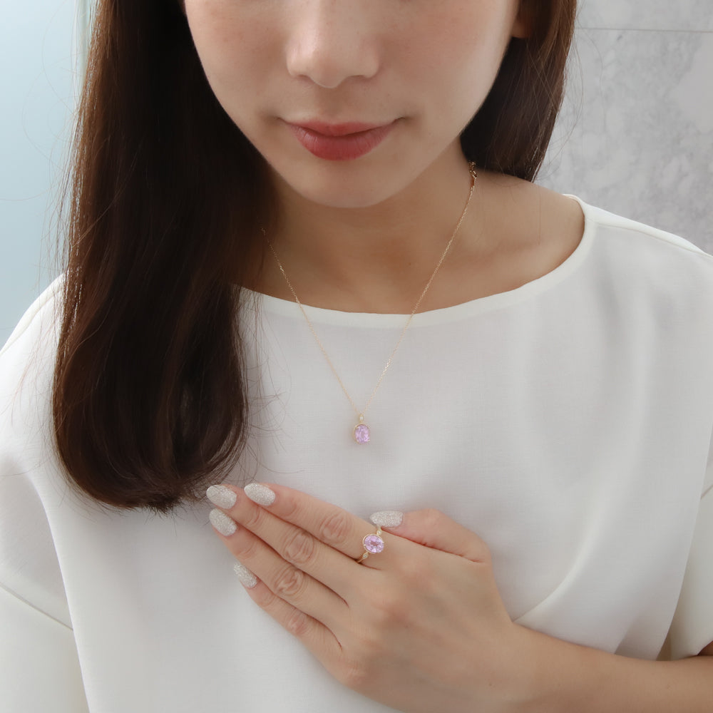 クンツァイト/ダイヤモンド K18ネックレス(オーバル/ミル打ち/チェッカー/9月誕生石)《WPDN4162》