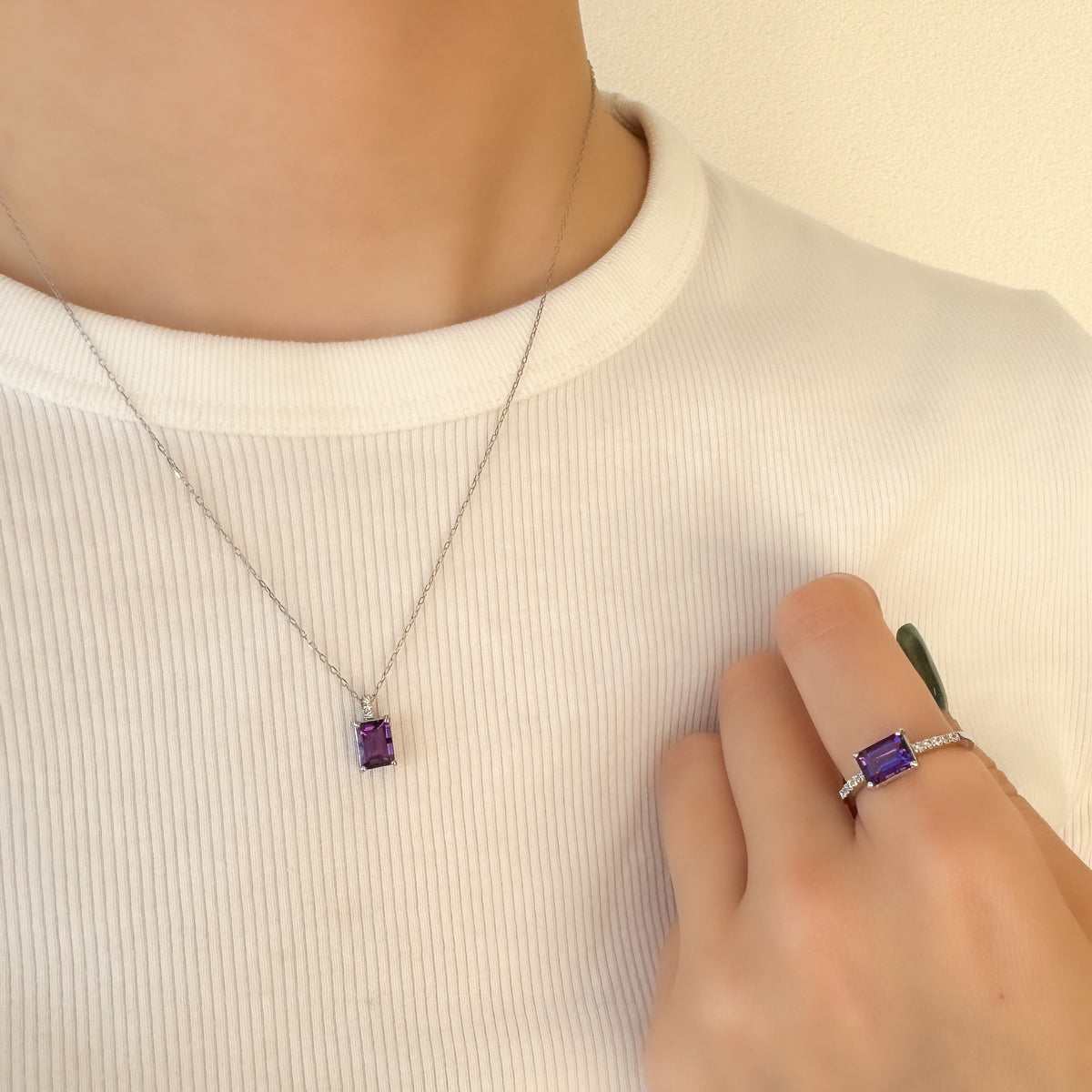 PT アメシスト/ダイヤモンド ペンダント(エメラルドカット/2月誕生石)《WPDN4213》