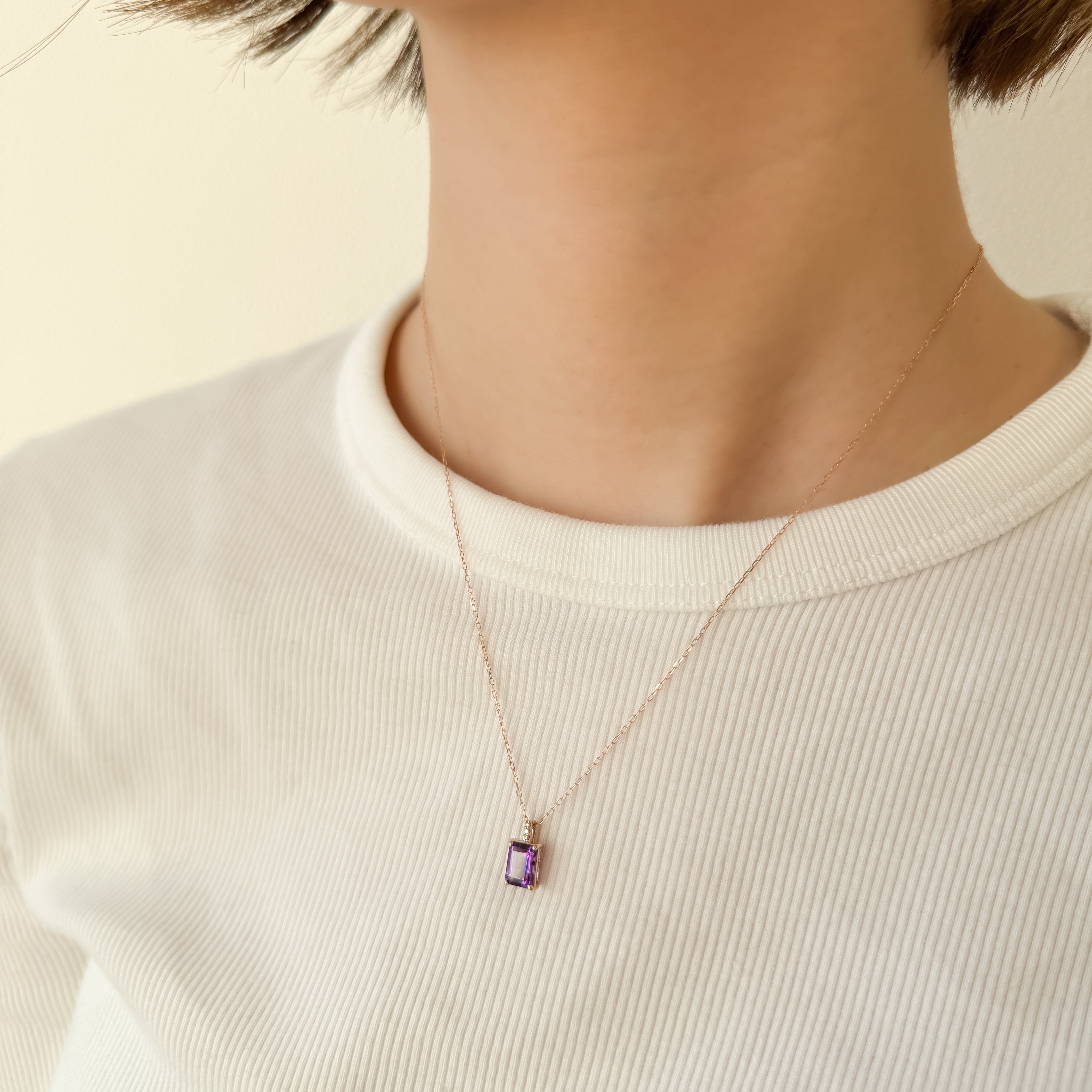 K18 アメシスト/ダイヤモンド ペンダント(エメラルドカット/K18PG/2月誕生石)《WPDN4214》